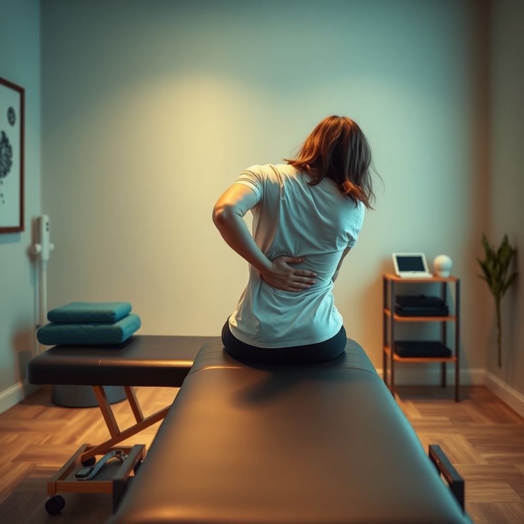 Patient alone in a modern chiropractic treatment room, seated on the edge of an adjustment table and gently resting one hand on their lower back, conveying manageable back discomfort. Wide editorial composition for a blog header. No chiropractor, no doctor, no clinician, no second person, no medical procedure, no text, no logos.
quiet luxury, soft cinematic lighting, warm palette, professional, clean composition. gold and muted warm green color tones.
Do not include: cartoon, clipart, stock photo watermark, neon colors, face distortion, white coat, lab coat, doctor coat.