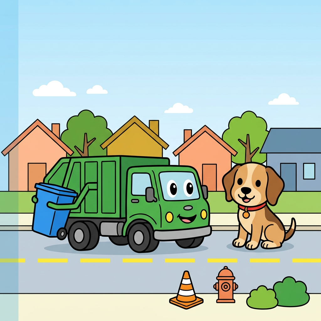 Use the attached reference image as the EXACT style, character, color and palette authority: reproduce the same smiling green cartoon garbage truck, the same tan-and-brown beagle puppy (Scout) with a red collar, and the same flat bright children's-book palette, all on-model.
A flat, bright, friendly children's vector illustration for a toddler coloring-book FRONT cover. Thick bold uniform black outlines, clean flat color fills, no shading, no texture, no photorealism, no gradients except a soft blue sky. Square, full-bleed art running to all four edges, no white border or frame.
RENDER NO TEXT: no letters, no words, no title, no badge, no signature anywhere in the image. All text is added later by the publisher.
CRITICAL VERTICAL LAYOUT — the whole scene is pushed DOWN to leave a big empty sky at the top. The TOP ~38 percent of the image MUST be empty open blue sky (lighter at the very top) with only two or three small simple white clouds, and NOTHING else up there: no houses, no rooftops, no trees, no title. This tall empty sky is deliberate headroom for a title added later. The row of houses and the horizon must start no higher than about 42 percent down from the top. Rough budget: empty sky 0 to 40 percent, houses and treetops on the horizon about 40 to 52 percent, the two hero characters centered in the 48 to 74 percent band, and the street scene from about 74 to 100 percent.
Upper-middle (around 40 to 52 percent down): a cheerful row of small colorful houses (peach, mustard-yellow, soft orange, dusty blue) with simple triangle and flat roofs plus two rounded green trees, friendly and small, sitting low on the horizon. CENTER: the two hero characters large and centered as a pair, on-model with the reference. The smiling green garbage truck has its cab and friendly face on the RIGHT side (two big oval eyes and a smile on the cab), a rounded lighter-green body, chunky black wheels, and a lifting arm holding a single bright blue recycling bin on the truck's left side. Do not mirror or flip the truck. To the truck's right sits Scout, a tan-and-light-brown beagle with darker brown ears and back patch, big round black eyes with white highlights, a black button nose, a soft happy smile, and a red collar with a small round tag, sitting upright and turned slightly toward the truck.
BOTTOM (about 74 to 100 percent): a LIVELY flat street scene that replaces any dead flat gray band. A light-gray road spanning the full width with a dashed bright-yellow center line, the truck's wheels resting on the road; above the road a lighter curb-and-sidewalk strip where Scout sits. Scatter a FEW friendly roadside props with breathing room across the bottom-center and bottom-RIGHT only: an orange-and-white traffic cone, a small fire hydrant or mailbox, and two or three small round green bushes. Keep the lower-LEFT corner clean and empty (no cone, no hydrant, no bushes, no characters) because a badge is added later in that corner. Exactly ONE recycling bin in the whole image, the blue one in the truck's arm; no second bin. Road and sidewalk bleed to the bottom and side edges.
Keep the truck-and-dog pair horizontally centered with comfortable empty margin from BOTH the left and right edges. The left ~150 px is the spine seam: background bleeds fully to the left edge with no white gap, but that strip stays plain continuous color only, plain sky on top and plain road/sidewalk on the bottom, with no houses, trees, props, bins or characters in it; the truck's rear must stay out of that left strip.
Vivid primary palette: red, sky blue, grass green, sunny yellow, warm tan. Repeat green (truck, trees, bushes) and blue (sky, the single bin). Sunny, safe, playful morning-on-a-friendly-street mood, big shapes, lots of air, uncluttered for ages 2 to 4. Flat bright fills and thick black outlines throughout. No new characters, no extra trucks, no text.
quiet luxury, soft cinematic lighting, warm palette, professional, clean composition. gold and muted warm green color tones.
Do not include: cartoon, clipart, stock photo watermark, neon colors, face distortion, white coat, lab coat, doctor coat.