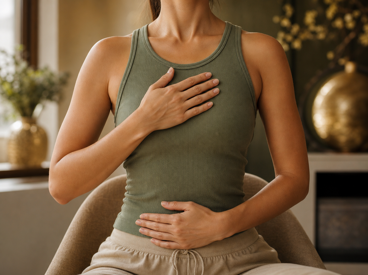 GBP post image, no text. A tasteful photorealistic close-up wellness scene for coherent breathing and thoracic mobility: seated person cropped from shoulders to waist, no face visible, one hand on ribcage and one hand on abdomen, upright relaxed posture, subtle rib expansion. Calm modern room, natural light. Keep it professional and clinical, no blurred face, no clinician, no doctor, no logos.
quiet luxury, soft cinematic lighting, warm palette, professional, clean composition. gold and muted warm green color tones.
Do not include: cartoon, clipart, stock photo watermark, neon colors, face distortion, white coat, lab coat, doctor coat.