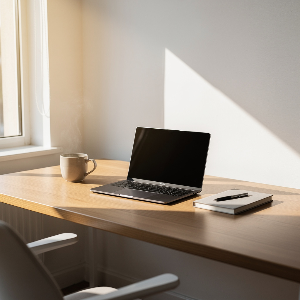 a minimalist desk with morning light