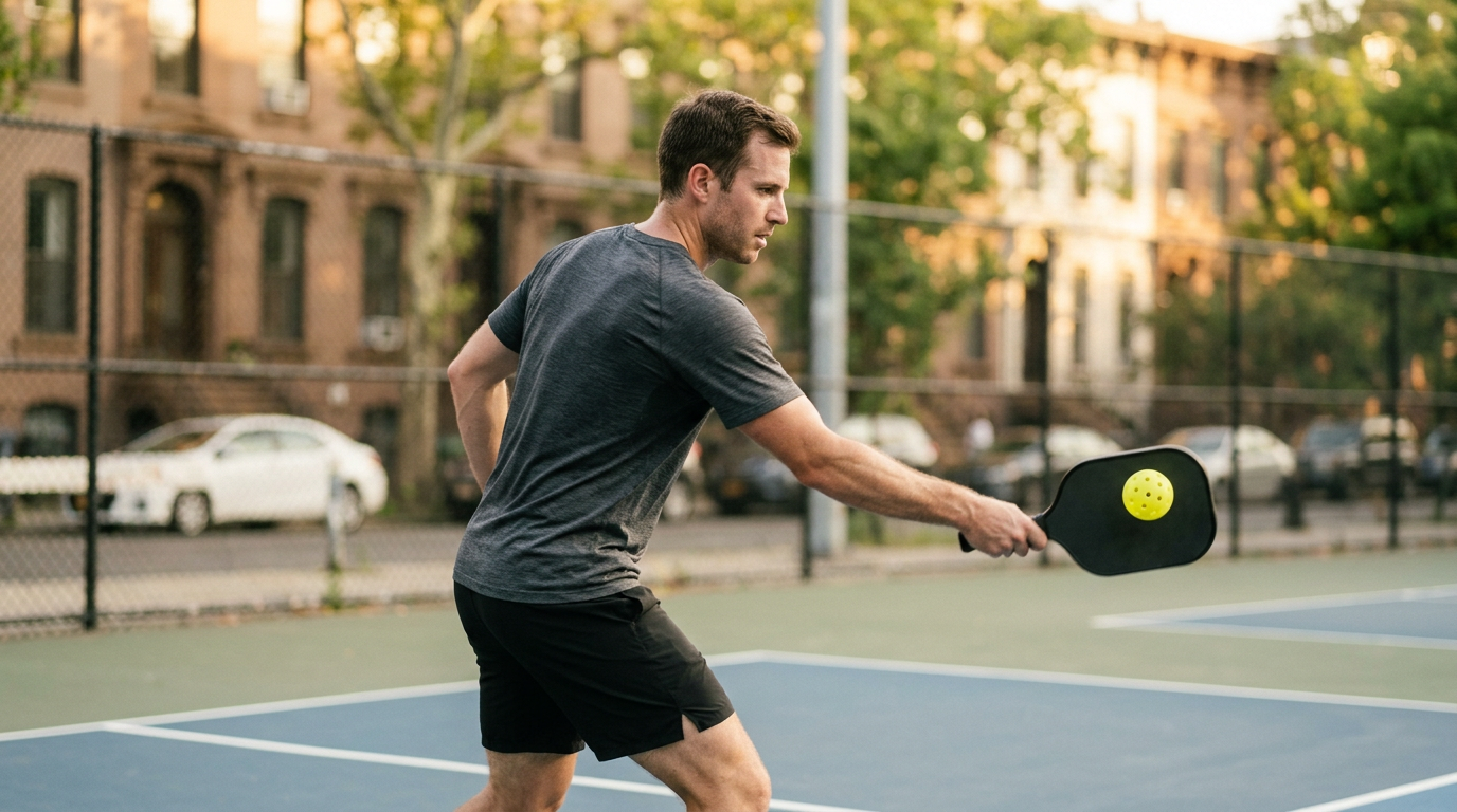wide angle, landscape, no text, no signs, no writing, photorealistic candid action photo of a pickleball game on an outdoor public court in Brooklyn at golden hour, single male player in his 30s in athletic shorts and t-shirt mid-swing with a graphite pickleball paddle, focused expression, slight motion blur on his arm, real pickleball ball (perforated yellow whiffle-style ball with visible holes) just leaving the paddle, blue painted court surface with white lines, low chain-link fence in background, leafy trees and brownstones blurred behind, natural sunlight, sweat and texture visible, shot on a 70-200mm lens at f/2.8, shallow depth of field, documentary sports photography, no logos, no faces clearly visible

quiet luxury, soft cinematic lighting, warm palette, professional, clean composition. gold and muted warm green color tones.

Do not include: cartoon, clipart, stock photo watermark, neon colors, face distortion, white coat, lab coat, doctor coat.