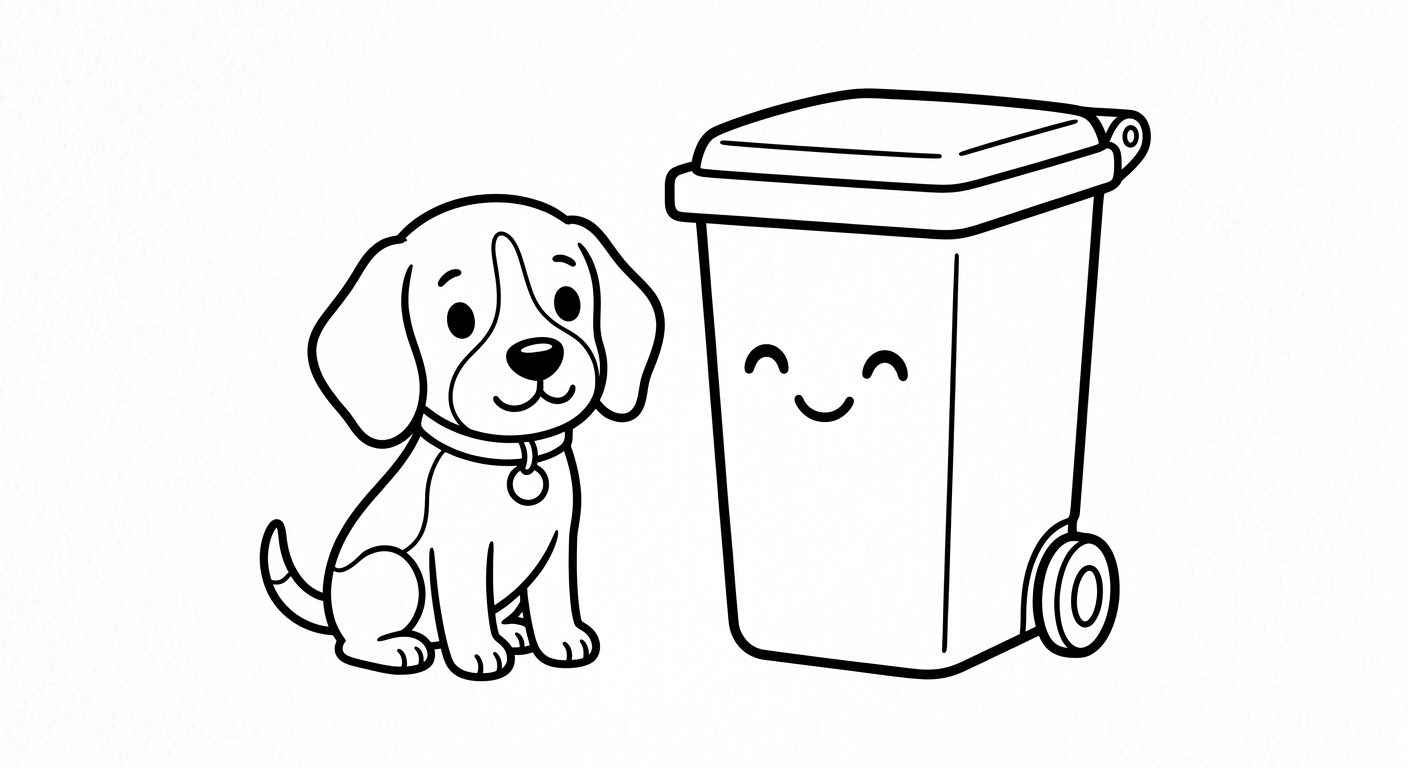 Black and white coloring book line art. The SAME chibi beagle Scout from the reference image, identical face WITH his simple round collar and small round tag clearly visible, sitting next to a single big simple empty wheelie trash bin drawn as a plain white outline with a friendly face. Centered, lots of empty white space. Clean SOLID bold black outlines, simple smooth rounded shapes, pure white background, no shading, no gray, NO solid black fills, NO text or letters, large open areas to color.
quiet luxury, soft cinematic lighting, warm palette, professional, clean composition. gold and muted warm green color tones.
Do not include: cartoon, clipart, stock photo watermark, neon colors, face distortion, white coat, lab coat, doctor coat.