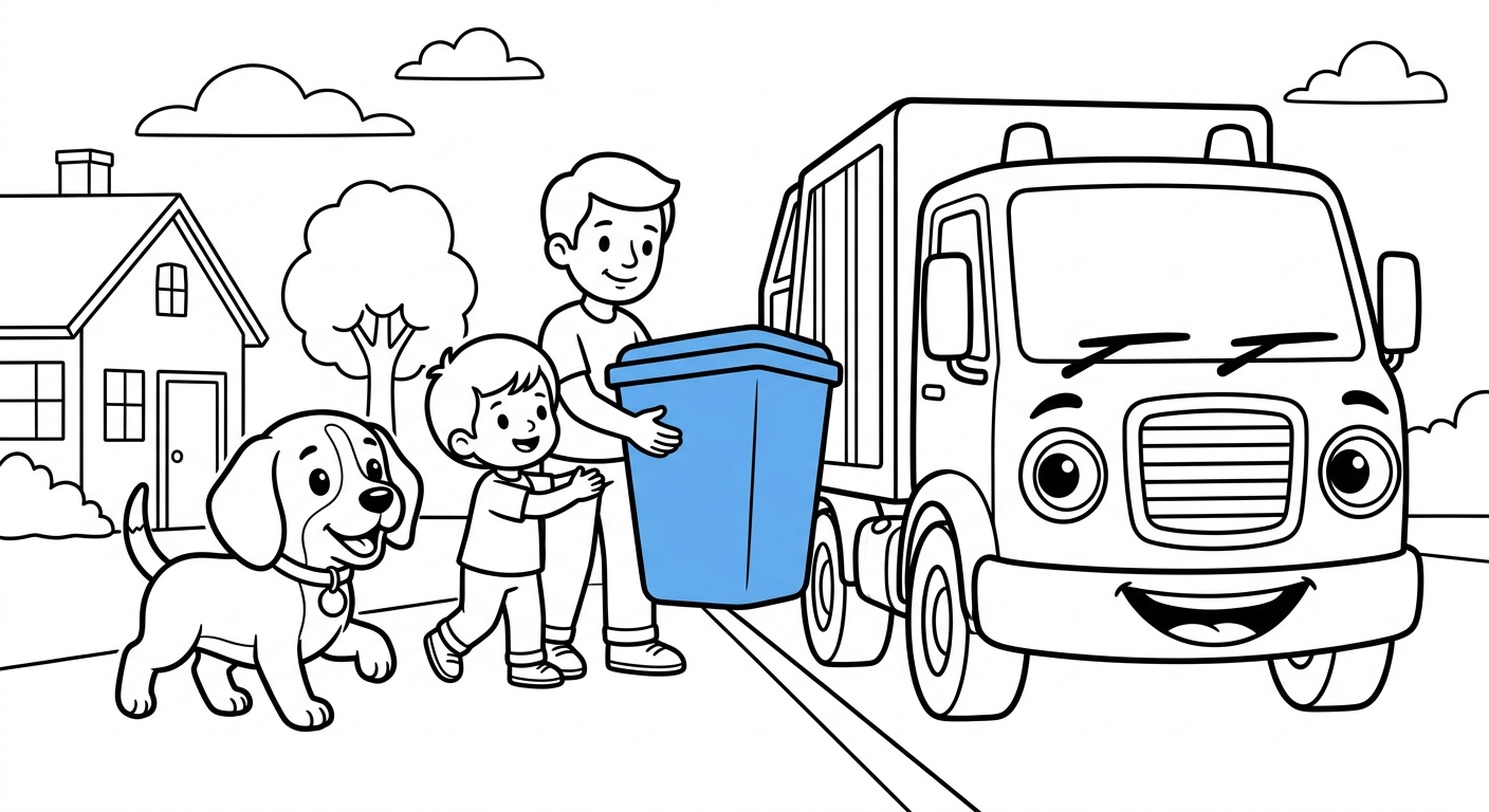Black and white coloring book page for toddlers. The SAME chibi beagle puppy named Scout from the reference image, identical face and collar with the small round tag, trotting with one paw lifted, trotting up to help carry the blue bin with the family, next to/with a recycling truck at the curb and a child and a grown-up handing over a blue bin. The truck has a friendly face from its OWN parts: the round headlights are the eyes and the front grille is a smiling mouth, no cartoon eyes on the windshield. A simple scene with one house and one tree behind, no more than two or three background shapes, lots of white space. Clean SOLID bold black outlines, simple smooth rounded shapes, NO furry texture, pure white background, no shading, no gray, NO solid black fills anywhere, NO text or words or letters anywhere in the image, large open areas to color. CRITICAL: pure black and white line art, every object is WHITE inside with only black outlines, absolutely NO solid black fills, no dark shading, no black blobs anywhere.
quiet luxury, soft cinematic lighting, warm palette, professional, clean composition. gold and muted warm green color tones.
Do not include: cartoon, clipart, stock photo watermark, neon colors, face distortion, white coat, lab coat, doctor coat.