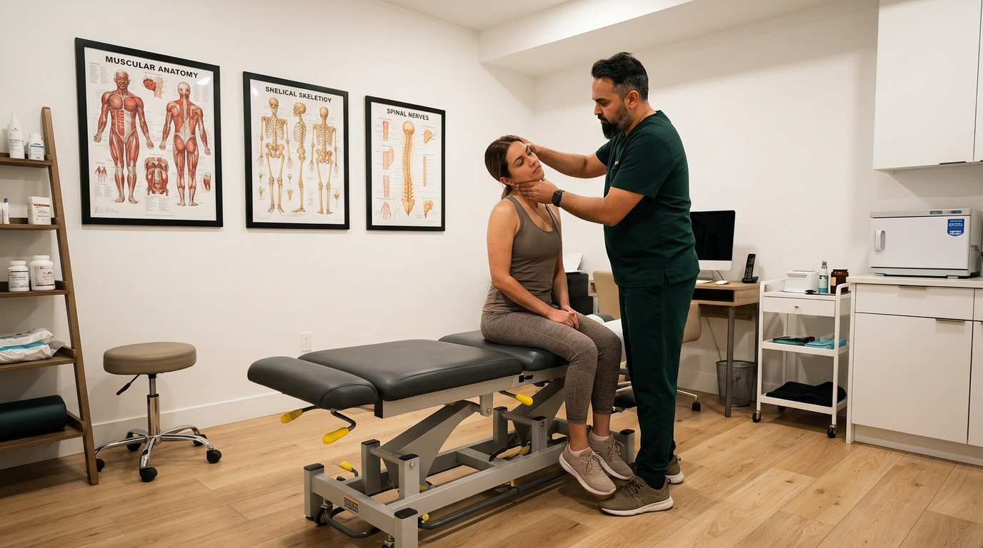 @drp Dr. Patel examining the upper cervical spine of a female patient sitting on a treatment table, @drp palpating the base of her skull while she tilts her head slightly, modern chiropractic clinic with white walls and oak floors, landscape wide angle, photorealistic professional medical photography
Dr. Patel: Adult South Asian man with a medium-to-deep warm brown skin tone and a strong, professional
appearance. Oval to slightly long face, with a broad forehead, high hairline, and a well-defined
beard that gives the lower face a stronger, more angular shape. Dark black hair with visible gray
at the temples and sides, worn short on the sides in a fade/taper and longer on top, styled upward
and back in a clean, voluminous quiff/pompadour. Hairline sits a bit high, with slight recession
at the temples. Thick, dark, straight to gently arched eyebrows. Dark brown, medium-sized,
slightly deep-set eyes with a calm, focused look. Medium width nose, straight in profile, with a
rounded tip. Medium fullness lips, lower lip slightly fuller. Full, connected beard and mustache,
mostly black with noticeable gray/silver strands, especially at the cheeks, sideburn area, and
chin. Beard is shorter and neater on the cheeks and fuller/longer at the chin. Strong and
masculine jawline. Solid and broad-shouldered, medium-to-stocky frame. Upright, composed, and
confident posture. Keep realistic skin texture, natural pores, subtle under-eye detail, and
authentic salt-and-pepper facial hair. Do not make the face overly smooth or overly youthful.
Treatment Room: A modern, narrow rectangular chiropractic treatment room with a clean, minimal, upscale clinical look. The room has bright matte white walls, a white ceiling, white baseboards, and light natural oak wood plank flooring with a soft warm tone. The overall design is simple, uncluttered, and professional, with a calm medical aesthetic rather than a spa aesthetic.
The central focal point of the room is a premium chiropractic treatment table placed lengthwise in the middle of the room. The table has dark charcoal or deep gray padding, a light gray to off-white metal frame, and multiple bright yellow adjustment levers and handles. The table is large, segmented, and clearly a specialized chiropractic table, not a massage table.
Along the main wall are three vertically oriented framed anatomy posters in thin black frames with white mats. The posters show classic medical anatomical illustrations, including the muscular system, skeletal system, and spinal nerves. They are evenly spaced and mounted in a straight horizontal row above and behind the table, creating a clean visual rhythm.
Near the back corner of the room is a narrow leaning ladder shelf with a black metal frame and light wood shelves. The shelf holds a small number of clinical and office items such as tissues, paper towels, wipes, baskets, and small containers. Beside the shelf is a round rolling stool with a dark padded seat and chrome base.
On one side of the room is a simple desk area with a light-colored office chair, computer equipment, and a few practical work items, but this area should remain secondary and not dominate the image. On the opposite end of the room is a white wall-mounted cabinet and a compact rolling clinical utility cart with electrotherapy or rehab equipment, folded towels, wires, and supplies.
The room also includes a black door with a tall rounded-rectangle vertical window, adding a modern architectural detail. A few visible cords and small clinical devices are acceptable, but the room should still feel tidy, intentional, and professional.
Lighting is bright, neutral-to-cool clinical overhead lighting with soft natural realism. The room should feel real, functional, and high-end, with clean lines, minimal decor, and a polished chiropractic practice atmosphere.
quiet luxury, soft cinematic lighting, warm palette, professional, clean composition. gold and muted warm green color tones.
Do not include: cartoon, clipart, stock photo watermark, neon colors, face distortion, white coat, lab coat, doctor coat.