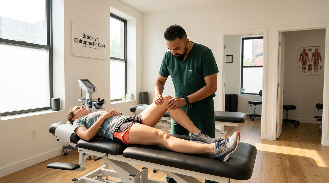 Dr. Patel, South Asian male chiropractor in dark green scrubs, treating a runner patient on a chiropractic table, examining their knee and lower leg, modern chiropractic clinic with white walls and oak floors, warm natural lighting, wide angle landscape composition, professional medical setting, the runner is wearing athletic clothes, Brooklyn Chiropractic Care clinic

[Character: drp]  Adult South Asian man with a medium-to-deep warm brown skin tone and a strong, professional
  appearance. Oval to slightly long face, with a broad forehead, high hairline, and a well-defined
  beard that gives the lower face a stronger, more angular shape. Dark black hair with visible gray
  at the temples and sides, worn short on the sides in a fade/taper and longer on top, styled upward
   and back in a clean, voluminous quiff/pompadour. Hairline sits a bit high, with slight recession
  at the temples. Thick, dark, straight to gently arched eyebrows. Dark brown, medium-sized,
  slightly deep-set eyes with a calm, focused look. Medium width nose, straight in profile, with a
  rounded tip. Medium fullness lips, lower lip slightly fuller. Full, connected beard and mustache,
  mostly black with noticeable gray/silver strands, especially at the cheeks, sideburn area, and
  chin. Beard is shorter and neater on the cheeks and fuller/longer at the chin. Strong and
  masculine jawline. Solid and broad-shouldered, medium-to-stocky frame. Upright, composed, and
  confident posture. Keep realistic skin texture, natural pores, subtle under-eye detail, and
  authentic salt-and-pepper facial hair. Do not make the face overly smooth or overly youthful.

Style: quiet luxury, soft cinematic lighting, warm palette, professional, clean composition. Colors: primary #7F6B2E, secondary #9BA17F. Typography: Bodoni Moda headings, Manrope body.

Avoid: cartoon, clipart, stock photo watermark, neon colors, face distortion, white coat, lab coat, doctor coat