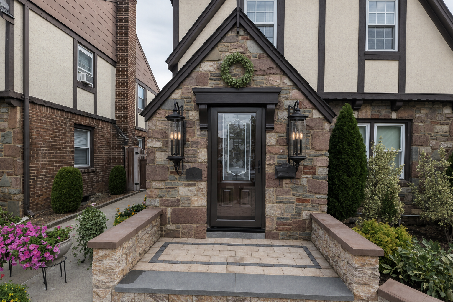 EDIT FIRST REFERENCE PHOTO of the actual Tudor house. SECOND REFERENCE is the exact Possini Euro Medici 28-inch BLACK fixture to place in a matching pair on left and right stone walls beside door. Product fidelity is critical: tall narrow CYLINDRICAL clear glass tube, ROUND layered black cap and ROUND bottom bowl/rim, short turned finials top/bottom, THREE tall black candle sleeves with flame-shaped bulbs inside. Heavy curved vertical rear bracket sweeps from above the roof to BELOW base in elongated C profile, rectangular wall backplate. Copy photographed curved bracket, cylindrical glass and circular cap exactly; NO pyramidal roof, square glass box, shepherd hook, bronze finish or generic coach lantern. Overall fixture height 28 inches INCLUDING top/bottom finials, preserve photo proportions of long glass body versus frame. Symmetrical same height on both flanking stone panels. Each side panel 39 inches wide; sizeable elongated fixtures, not tiny sconces. Leave door clearance. Natural subtle warm-white bulbs.
Keep original HOUSE perspective, roof shape, steep stone entrance gable and finial, actual stone pattern, original door AND glazed storm door with exact glazing and wood panels, all paving/steps/borders/side walls/brown wall caps EXACTLY unchanged. No door replacements, no new hardscape or invented facade. Approved future renovation: warm off-white Shoji White-inspired STUCCO only, dark brown-charcoal Black Fox-inspired timbers and window frames; windows keep original shapes. Natural stone remains UNPAINTED. SUBSTANTIAL six-inch-wide dark doorway casing, nine-inch header and layered cap with TWO clearly visible solid 12-inch-tall tapered wooden CORBELS under header ends outside door opening. Not tiny triangles, thin casing or omitted corbels. Keep storm door unobstructed. Compact wreath above header below peak, not over finial. Compact dark house plaque left and dark mailbox right below lamps with centers aligned; no invented house digits, blank if illegible. Remove loose floor lanterns only; preserve paved walkway and steps precisely. Original planting beds retained, no new clutter. Neutral daylight with enough facade visible to judge pair and proportions; close enough to see lantern shape. Photorealistic product placement concept, NOT measurement-certified drawing. No captions, text overlays, product photo inset or split panels.