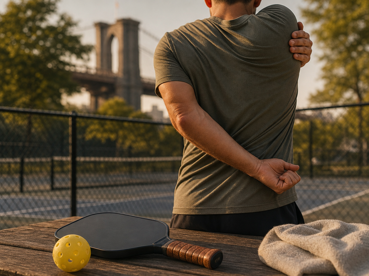 GBP post image, no text. A tasteful photorealistic outdoor Brooklyn park scene focused on pickleball injury prevention: close-up of a pickleball paddle, ball, and a player gently stretching the forearm near a public court fence. Suggest shoulder and mid-back mechanics by showing the person rotating through the upper back, not only the elbow. No clinician, no doctor, no recognizable face, no logos.
quiet luxury, soft cinematic lighting, warm palette, professional, clean composition. gold and muted warm green color tones.
Do not include: cartoon, clipart, stock photo watermark, neon colors, face distortion, white coat, lab coat, doctor coat.