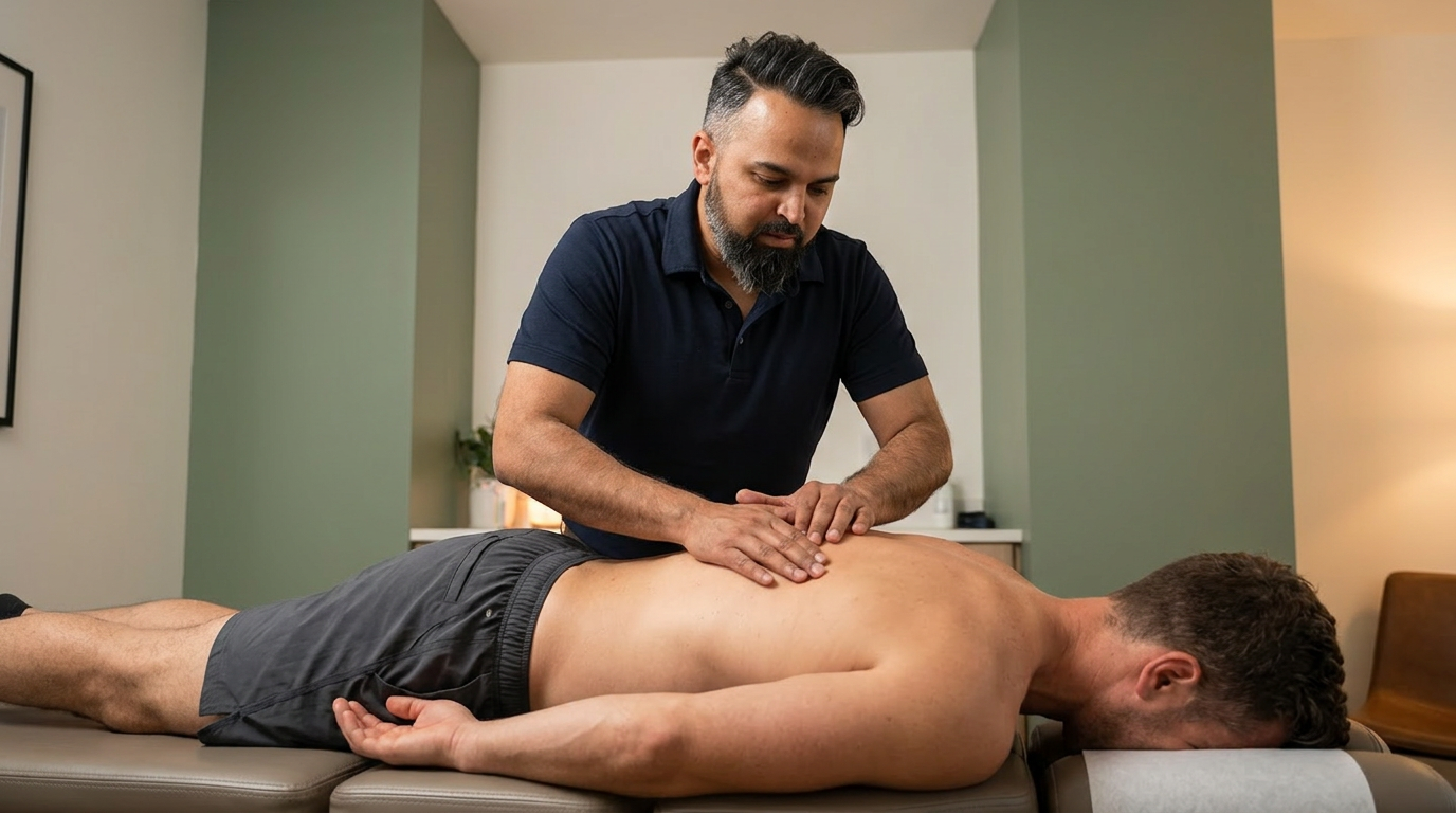wide angle, landscape, no text, no signs, no writing, Dr. Patel performing a hands-on chiropractic spinal adjustment on a shirtless athletic male patient lying face down on a professional treatment table, patient has bare back fully visible with no clothing on upper body, patient wearing only dark grey athletic shorts, Dr. Patel wearing a fitted dark navy polo shirt, warm ambient clinic lighting, clean modern treatment room with sage green wall accents, professional focused expression, editorial documentary photography style, quiet luxury healthcare aesthetic

[Character: drp]  Adult South Asian man with a medium-to-deep warm brown skin tone and a strong, professional
  appearance. Oval to slightly long face, with a broad forehead, high hairline, and a well-defined
  beard that gives the lower face a stronger, more angular shape. Dark black hair with visible gray
  at the temples and sides, worn short on the sides in a fade/taper and longer on top, styled upward
   and back in a clean, voluminous quiff/pompadour. Hairline sits a bit high, with slight recession
  at the temples. Thick, dark, straight to gently arched eyebrows. Dark brown, medium-sized,
  slightly deep-set eyes with a calm, focused look. Medium width nose, straight in profile, with a
  rounded tip. Medium fullness lips, lower lip slightly fuller. Full, connected beard and mustache,
  mostly black with noticeable gray/silver strands, especially at the cheeks, sideburn area, and
  chin. Beard is shorter and neater on the cheeks and fuller/longer at the chin. Strong and
  masculine jawline. Solid and broad-shouldered, medium-to-stocky frame. Upright, composed, and
  confident posture. Keep realistic skin texture, natural pores, subtle under-eye detail, and
  authentic salt-and-pepper facial hair. Do not make the face overly smooth or overly youthful.

Style: quiet luxury, soft cinematic lighting, warm palette, professional, clean composition. Colors: primary #7F6B2E, secondary #9BA17F. Typography: Bodoni Moda headings, Manrope body.

Avoid: cartoon, clipart, stock photo watermark, neon colors, face distortion, white coat, lab coat, doctor coat