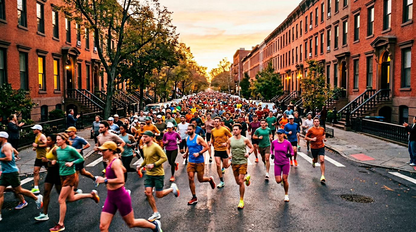 wide angle, landscape, no text, no signs, no writing, large group of half marathon runners in motion through a Brooklyn neighborhood street at sunrise, warm morning light, brick brownstones lining the street, slight motion blur on legs, runners wearing colorful athletic gear, energetic race day atmosphere, candid documentary photography, photorealistic, no logos, no race bibs visible

quiet luxury, soft cinematic lighting, warm palette, professional, clean composition. gold and muted warm green color tones.

Do not include: cartoon, clipart, stock photo watermark, neon colors, face distortion, white coat, lab coat, doctor coat.