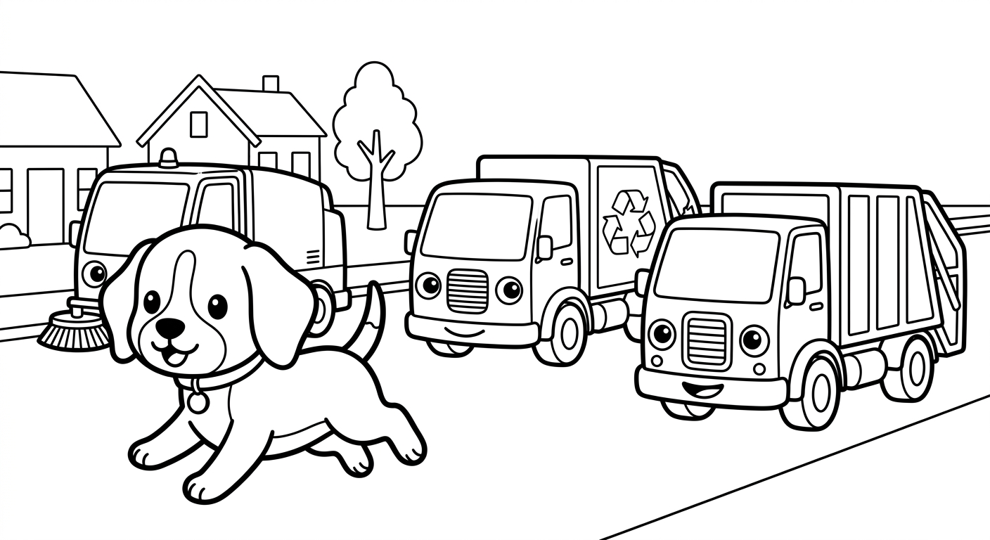 Black and white coloring book page for toddlers. The SAME chibi beagle puppy named Scout from the reference image, identical face and collar with the small round tag, running with legs stretched out, running happily down the street past the whole team, next to/with a sweeper, a recycling truck, and a garbage truck working together on one street, each truck showing the same friendly headlight-eyes and grille-smile. The truck has a friendly face from its OWN parts: the round headlights are the eyes and the front grille is a smiling mouth, no cartoon eyes on the windshield. A simple scene with houses and one tree, no more than two or three background shapes, lots of white space. Clean SOLID bold black outlines, simple smooth rounded shapes, NO furry texture, pure white background, no shading, no gray, NO solid black fills anywhere, NO text or words or letters anywhere in the image, large open areas to color. Keep the scene simple and clean. CRITICAL: pure black and white line art, every object is WHITE inside with only black outlines, absolutely NO solid black fills, no dark shading, no black blobs anywhere.
quiet luxury, soft cinematic lighting, warm palette, professional, clean composition. gold and muted warm green color tones.
Do not include: cartoon, clipart, stock photo watermark, neon colors, face distortion, white coat, lab coat, doctor coat.