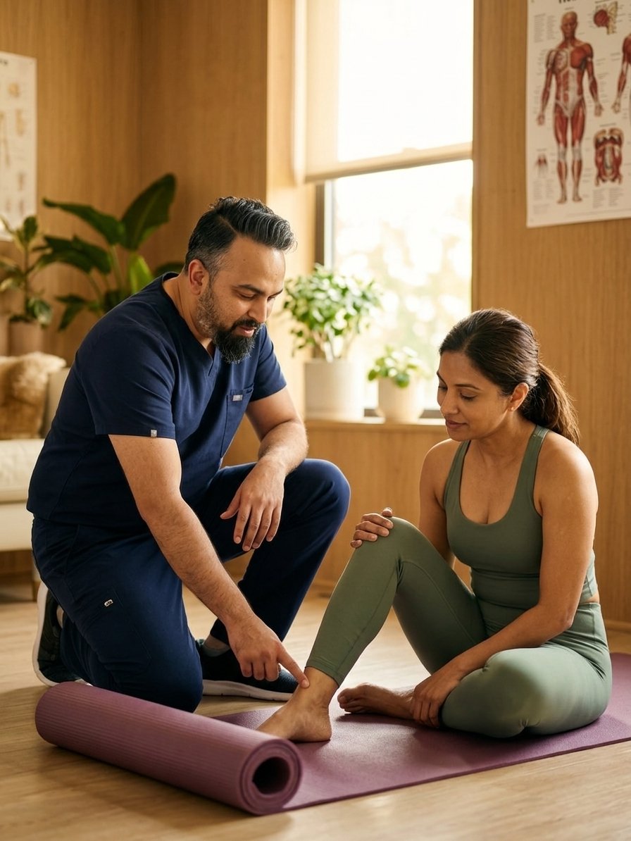 Dr. Patel having a calm posture and mobility consultation with an adult yoga practitioner beside a yoga mat in the Brooklyn Chiropractic Care clinic, professional healthcare setting, natural candid blog hero composition, no text, no logos

Dr. Patel is depicted as:  Adult South Asian man with a medium-to-deep warm brown skin tone and a strong, professional
  appearance. Oval to slightly long face, with a broad forehead, high hairline, and a well-defined
  beard that gives the lower face a stronger, more angular shape. Dark black hair with visible gray
  at the temples and sides, worn short on the sides in a fade/taper and longer on top, styled upward
   and back in a clean, voluminous quiff/pompadour. Hairline sits a bit high, with slight recession
  at the temples. Thick, dark, straight to gently arched eyebrows. Dark brown, medium-sized,
  slightly deep-set eyes with a calm, focused look. Medium width nose, straight in profile, with a
  rounded tip. Medium fullness lips, lower lip slightly fuller. Full, connected beard and mustache,
  mostly black with noticeable gray/silver strands, especially at the cheeks, sideburn area, and
  chin. Beard is shorter and neater on the cheeks and fuller/longer at the chin. Strong and
  masculine jawline. Solid and broad-shouldered, medium-to-stocky frame. Upright, composed, and
  confident posture. Keep realistic skin texture, natural pores, subtle under-eye detail, and
  authentic salt-and-pepper facial hair. Do not make the face overly smooth or overly youthful..

quiet luxury, soft cinematic lighting, warm palette, professional, clean composition. gold and muted warm green color tones.

Do not include: cartoon, clipart, stock photo watermark, neon colors, face distortion, white coat, lab coat, doctor coat.