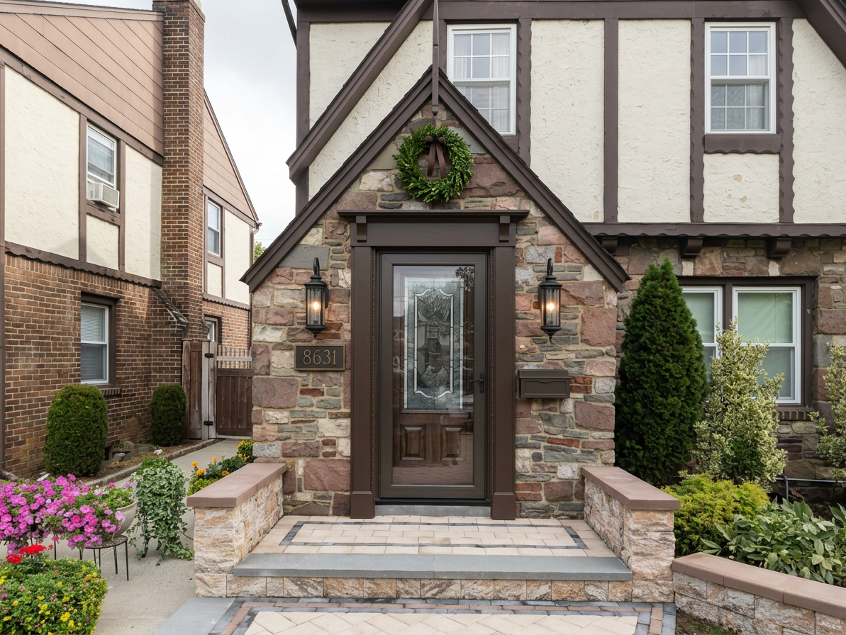 Architectural designer's photorealistic renovation visualization: EDIT the provided photograph of this exact Tudor Revival house. Preserve the photograph's perspective, real multicolored irregular stonework, steep triangular entrance gable and its finial, half-timbered upper facade, windows, original wood entry door behind the glazed dark storm door, stoop, side walls, neighboring houses and planting. Do not redesign the whole building, enlarge the door, replace masonry or invent a generic house. The redesign must be clearly visible but restrained and historically sympathetic.
RECOMMENDED DESIGN: Add a substantial new door surround painted deep warm espresso brown matching existing Tudor timber trim, NOT white or cream. Approximately 5-inch-wide flat vertical casings with a restrained narrow stepped/beaded inner molding, a roughly 7-inch-tall horizontal frieze across the top, and a slim shallow projecting cap molding. Add TWO small simple solid tapered wooden corbels beneath the ends of the projecting cap, one each side; no elaborate scrolls or classical columns. Keep the actual door opening and storm-door operation unobstructed. The cap is a compact horizontal feature above the door, NOT a new porch roof or new triangular pediment; keep existing stone gable trim and pointed finial intact. Leave generous visible stone between header and gable peak.
Replace the left wall light with TWO exactly matching 24-inch TOTAL HEIGHT traditional elongated blackened-bronze wall lanterns, including top and bottom details, with slender approximately 9-inch-wide clear-glass bodies, subtle warm-white light. Not tiny sconces and not giant bulky coach lights. Place them symmetrically on the stone panels left and right, with centers approximately 70 inches above the top landing, same mounting height. Each side has 39 inches of wall width before proposed casing; position lanterns centrally within remaining stone area and keep fixtures independent of the casing. Lantern tops sit below the new door cap.
Keep a single tasteful horizontal dark bronze house-number plaque below the LEFT wall lantern. Preserve existing digits exactly only if legible; otherwise leave an unobtrusive blank plaque rather than inventing numbers. Keep one replacement slim rectangular dark bronze wall-mounted mailbox below the RIGHT lantern, with practical lid and understated detailing; relocate vertically so its CENTER aligns approximately with plaque center, about 46-48 inches above the top landing, while keeping it accessible and clear of door hardware. Show no duplicate old fixtures. Address and mailbox should form a calm secondary horizontal alignment, not compete with lanterns.
One restrained natural green wreath approximately 20-22 inches diameter with a short dark-brown ribbon centered in the STONE FIELD ABOVE THE NEW DOOR CAP and below the triangular gable peak. Leave visible stone around it and a gap above the cap. Never hang on the pointed finial; never obscure the door or new molding. Do not stretch the gable to accommodate the wreath. Remove all four freestanding floor lanterns from the stoop so the entrance is uncluttered and walkable; retain existing stone sidewalls and landscaping. No extra planters on steps.
Reference measurements supplied by owner: 39 inches wall width each side, stoop-to-door measurement approximately 92.5 inches, and stoop to just beneath the pointed finial 136 inches. Approximate design visualization only, no printed dimensions. Show the whole original entrance and enough upper facade to demonstrate architectural compatibility. Bright soft daylight, realistic materials, subtle warm lantern glow. Residential Tudor design, no clinic branding, no people, no text overlays, no watermarks. Prioritize photo fidelity and visibly added dark surround/corbels with correctly larger 24-inch lanterns.

Home Front Entrance is depicted as: The exact private residential front entrance in the primary reference photograph. Tudor-style facade with irregular multicolored stone masonry, steep triangular stone entrance gable, dark brown trim and narrow pointed finial, centered dark-framed glazed storm door over a wood door, paved raised stoop, low stone side walls with brown caps, existing landscaping and neighboring context. Existing wall light and house-number plaque are left of the door; mailbox is right. Preserve actual architecture, stone pattern, door dimensions, perspective and proportions. Only change fixtures and decor explicitly requested. Do not replace this with a generic house or clinic. User measurements: use 39 inches of wall width on EACH side of door; stoop-to-door measurement 92.5 inches (endpoint as stated, not independently surveyed); stoop to just below the pointed finial 136 inches. These are design guidance, not a measured construction drawing..

quiet luxury, soft cinematic lighting, warm palette, professional, clean composition. gold and muted warm green color tones.

Do not include: cartoon, clipart, stock photo watermark, neon colors, face distortion, white coat, lab coat, doctor coat.