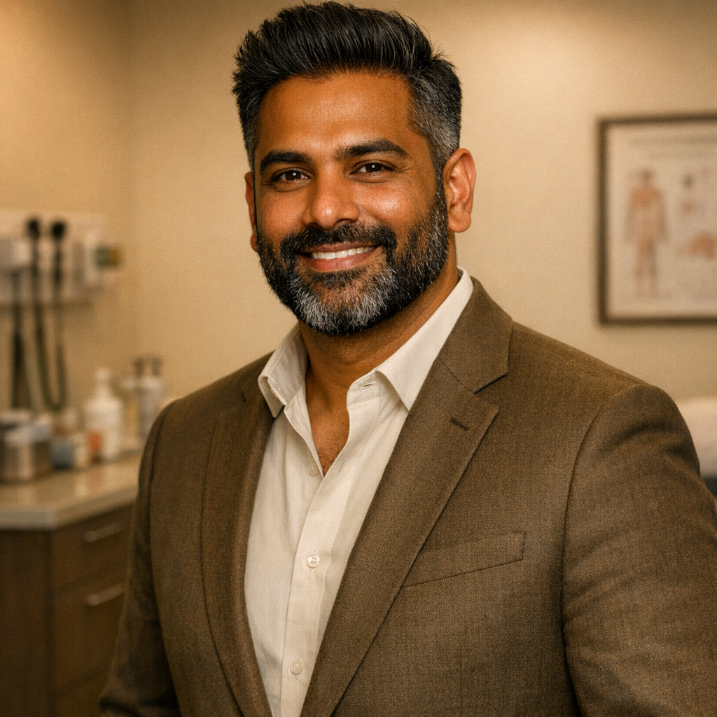 @DRP standing in clinic smiling

[Character: drp]  Adult South Asian man with a medium-to-deep warm brown skin tone and a strong, professional
  appearance. Oval to slightly long face, with a broad forehead, high hairline, and a well-defined
  beard that gives the lower face a stronger, more angular shape. Dark black hair with visible gray
  at the temples and sides, worn short on the sides in a fade/taper and longer on top, styled upward
   and back in a clean, voluminous quiff/pompadour. Hairline sits a bit high, with slight recession
  at the temples. Thick, dark, straight to gently arched eyebrows. Dark brown, medium-sized,
  slightly deep-set eyes with a calm, focused look. Medium width nose, straight in profile, with a
  rounded tip. Medium fullness lips, lower lip slightly fuller. Full, connected beard and mustache,
  mostly black with noticeable gray/silver strands, especially at the cheeks, sideburn area, and
  chin. Beard is shorter and neater on the cheeks and fuller/longer at the chin. Strong and
  masculine jawline. Solid and broad-shouldered, medium-to-stocky frame. Upright, composed, and
  confident posture. Keep realistic skin texture, natural pores, subtle under-eye detail, and
  authentic salt-and-pepper facial hair. Do not make the face overly smooth or overly youthful.

Style: quiet luxury, soft cinematic lighting, warm palette, professional, clean composition. Colors: primary #7F6B2E, secondary #9BA17F. Typography: Bodoni Moda headings, Manrope body.

Avoid: cartoon, clipart, stock photo watermark, neon colors, face distortion