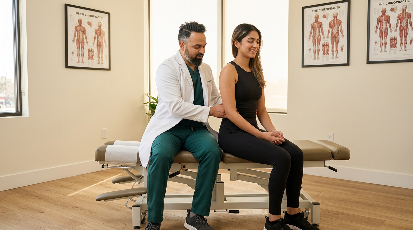 @drp Dr. Patel, a chiropractor, performing a gentle spinal adjustment on a young woman in yoga attire (black leggings and fitted top) who is seated on a chiropractic treatment table. The setting is a bright, modern chiropractic clinic with warm natural light, anatomy posters on the wall, and wood flooring. The patient looks relaxed and comfortable. Professional, warm, editorial photography style. Wide landscape composition.

[Character: drp]  Adult South Asian man with a medium-to-deep warm brown skin tone and a strong, professional
  appearance. Oval to slightly long face, with a broad forehead, high hairline, and a well-defined
  beard that gives the lower face a stronger, more angular shape. Dark black hair with visible gray
  at the temples and sides, worn short on the sides in a fade/taper and longer on top, styled upward
   and back in a clean, voluminous quiff/pompadour. Hairline sits a bit high, with slight recession
  at the temples. Thick, dark, straight to gently arched eyebrows. Dark brown, medium-sized,
  slightly deep-set eyes with a calm, focused look. Medium width nose, straight in profile, with a
  rounded tip. Medium fullness lips, lower lip slightly fuller. Full, connected beard and mustache,
  mostly black with noticeable gray/silver strands, especially at the cheeks, sideburn area, and
  chin. Beard is shorter and neater on the cheeks and fuller/longer at the chin. Strong and
  masculine jawline. Solid and broad-shouldered, medium-to-stocky frame. Upright, composed, and
  confident posture. Keep realistic skin texture, natural pores, subtle under-eye detail, and
  authentic salt-and-pepper facial hair. Do not make the face overly smooth or overly youthful.

Style: quiet luxury, soft cinematic lighting, warm palette, professional, clean composition. Colors: primary #7F6B2E, secondary #9BA17F. Typography: Bodoni Moda headings, Manrope body.

Avoid: cartoon, clipart, stock photo watermark, neon colors, face distortion