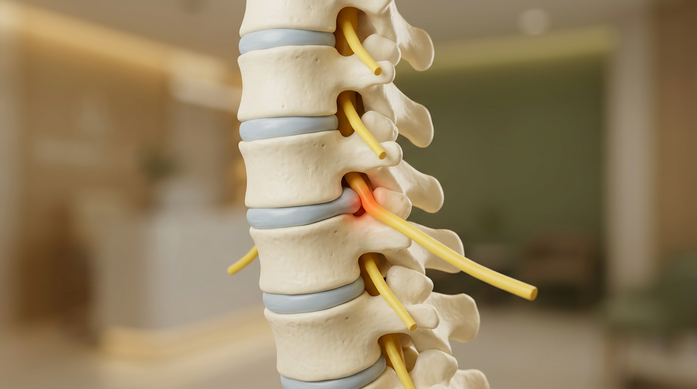 Create a medically plausible 3D anatomical teaching-model image focused only on the lower cervical spine, C4 through C7, in a lateral three-quarter cutaway view. Show four ivory cervical vertebrae with pale blue-gray intervertebral discs. At C5-C6, a small posterolateral disc bulge must visibly contact and slightly flatten one continuous yellow nerve root as it exits through the neural foramen. The yellow nerve begins inside the spinal canal, passes through the bony opening, and continues several inches outward toward the shoulder. Make this single physical contact point unmistakable, with a restrained red-orange highlight only at the compressed segment. Wide horizontal blog featured image, anatomy fully in frame against a softly blurred modern clinic. No skull or jaw, no people, no hands, no text, no labels, no arrows, no gore, no transparent skin, no X-ray effect, no generalized glow, no multiple compression sites, no duplicated or disconnected nerves, no floating bones, no extra vertebrae.
quiet luxury, soft cinematic lighting, warm palette, professional, clean composition. gold and muted warm green color tones.
Do not include: cartoon, clipart, stock photo watermark, neon colors, face distortion, white coat, lab coat, doctor coat.