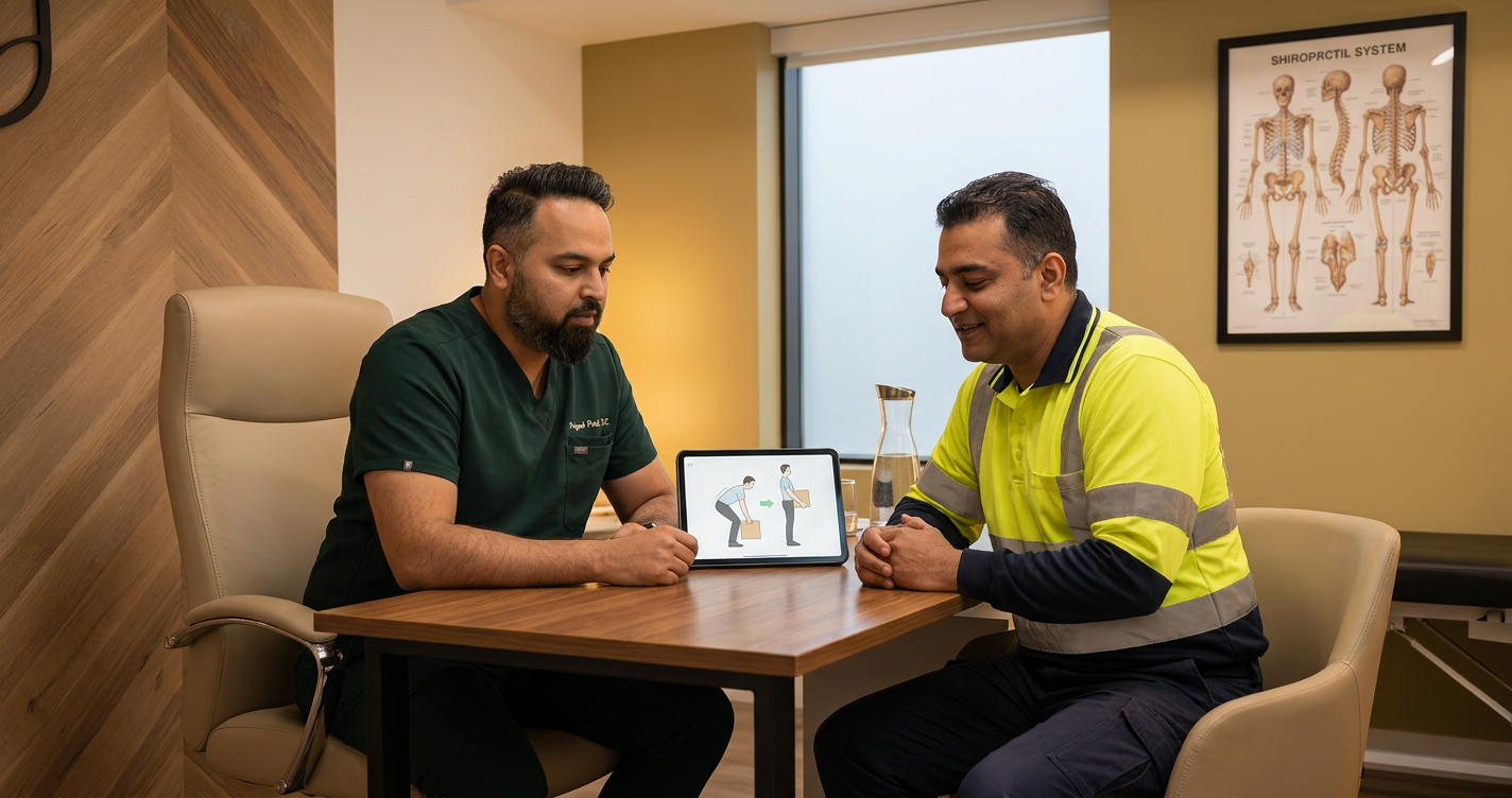 Wide horizontal landscape blog hero, 1200 by 628 aspect ratio. In a modern chiropractic clinic consultation room, Dr. Patel wearing professional clinic attire sits beside a warehouse logistics worker at a desk, reviewing a simple lifting posture diagram on a tablet. Calm educational consultation, no one lifting, no one injured. Dr. Patel has a neutral attentive professional expression, not smiling, not posing. Worker is comfortable and engaged, not grimacing, not in pain. Exactly two people total: one doctor and one worker. Both upper bodies fully visible inside a wide frame with generous margins. No vertical portrait, no cropped heads, no cropped hands, no duplicate doctor, no second Dr. Patel, no mirrors, no reflections, no posters with people, no extra faces, no unreadable signage, no split-screen, no collage.

Dr. Patel is depicted as:  Adult South Asian man with a medium-to-deep warm brown skin tone and a strong, professional
  appearance. Oval to slightly long face, with a broad forehead, high hairline, and a well-defined
  beard that gives the lower face a stronger, more angular shape. Dark black hair with visible gray
  at the temples and sides, worn short on the sides in a fade/taper and longer on top, styled upward
   and back in a clean, voluminous quiff/pompadour. Hairline sits a bit high, with slight recession
  at the temples. Thick, dark, straight to gently arched eyebrows. Dark brown, medium-sized,
  slightly deep-set eyes with a calm, focused look. Medium width nose, straight in profile, with a
  rounded tip. Medium fullness lips, lower lip slightly fuller. Full, connected beard and mustache,
  mostly black with noticeable gray/silver strands, especially at the cheeks, sideburn area, and
  chin. Beard is shorter and neater on the cheeks and fuller/longer at the chin. Strong and
  masculine jawline. Solid and broad-shouldered, medium-to-stocky frame. Upright, composed, and
  confident posture. Keep realistic skin texture, natural pores, subtle under-eye detail, and
  authentic salt-and-pepper facial hair. Do not make the face overly smooth or overly youthful..

quiet luxury, soft cinematic lighting, warm palette, professional, clean composition. gold and muted warm green color tones.

Do not include: cartoon, clipart, stock photo watermark, neon colors, face distortion, white coat, lab coat, doctor coat.