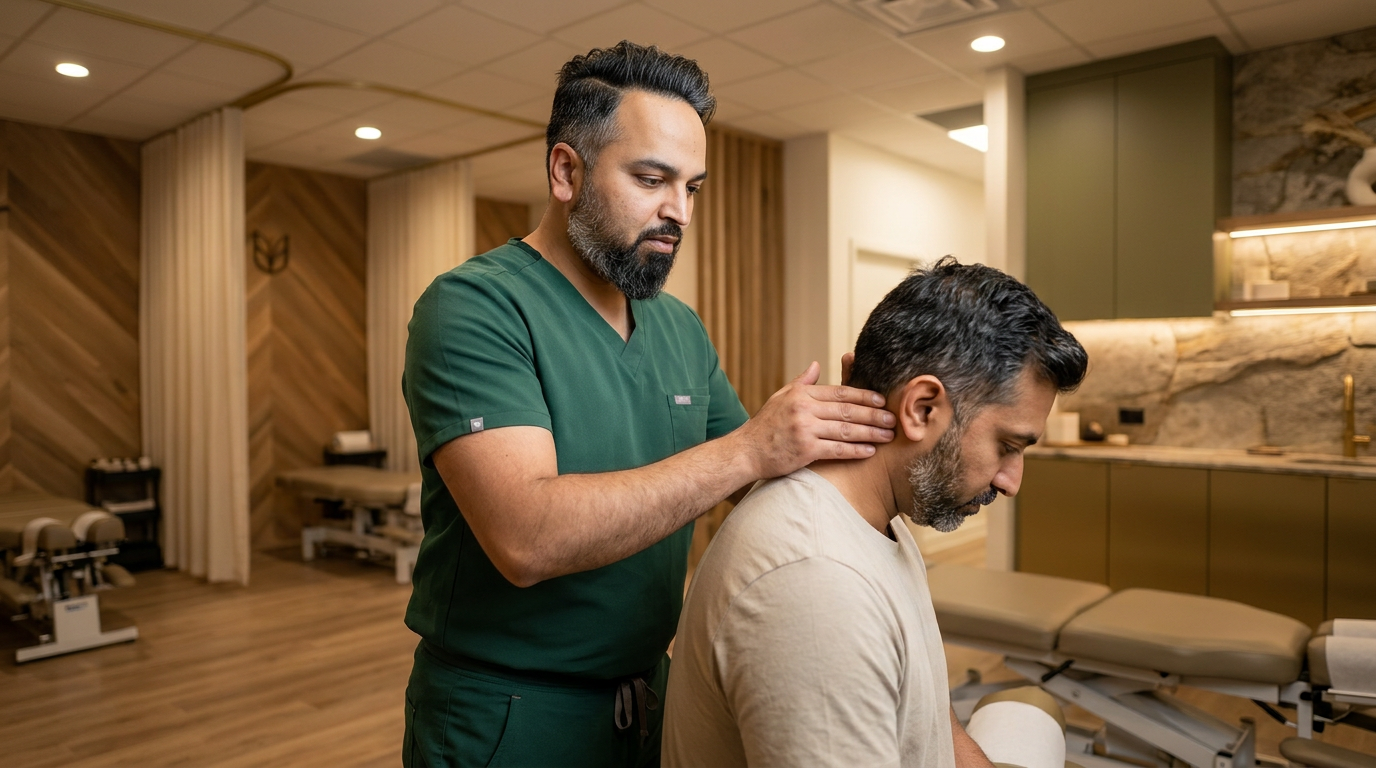 Dr. Patel examining a patient cervical spine and neck area in a modern chiropractic clinic, patient seated on treatment table, Dr. Patel palpating the upper neck and base of skull, warm clinical lighting, professional chiropractic office, wide angle landscape shot, no white coat, green scrubs

Dr. Patel is depicted as:  Adult South Asian man with a medium-to-deep warm brown skin tone and a strong, professional
  appearance. Oval to slightly long face, with a broad forehead, high hairline, and a well-defined
  beard that gives the lower face a stronger, more angular shape. Dark black hair with visible gray
  at the temples and sides, worn short on the sides in a fade/taper and longer on top, styled upward
   and back in a clean, voluminous quiff/pompadour. Hairline sits a bit high, with slight recession
  at the temples. Thick, dark, straight to gently arched eyebrows. Dark brown, medium-sized,
  slightly deep-set eyes with a calm, focused look. Medium width nose, straight in profile, with a
  rounded tip. Medium fullness lips, lower lip slightly fuller. Full, connected beard and mustache,
  mostly black with noticeable gray/silver strands, especially at the cheeks, sideburn area, and
  chin. Beard is shorter and neater on the cheeks and fuller/longer at the chin. Strong and
  masculine jawline. Solid and broad-shouldered, medium-to-stocky frame. Upright, composed, and
  confident posture. Keep realistic skin texture, natural pores, subtle under-eye detail, and
  authentic salt-and-pepper facial hair. Do not make the face overly smooth or overly youthful..

quiet luxury, soft cinematic lighting, warm palette, professional, clean composition. gold and muted warm green color tones.

Do not include: cartoon, clipart, stock photo watermark, neon colors, face distortion, white coat, lab coat, doctor coat.