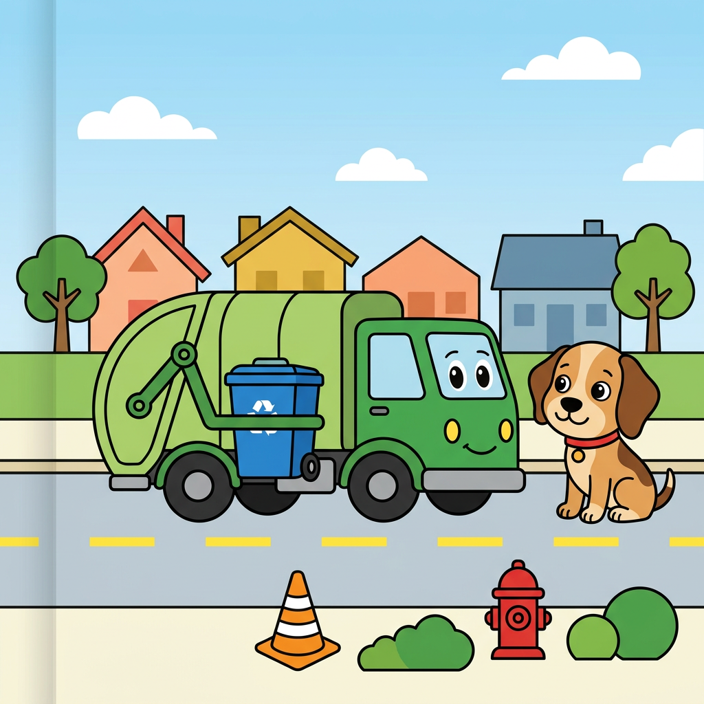Use the attached reference image as the EXACT style, character, color and palette authority: reproduce the same smiling green cartoon garbage truck, the same tan-and-brown beagle puppy (Scout) with a red collar, and the same flat bright children's-book palette, all on-model.
A flat, bright, friendly children's vector illustration for a toddler coloring-book FRONT cover. Thick bold uniform black outlines, clean flat color fills, no shading, no texture, no photorealism, no gradients except a soft blue sky. Square, full-bleed art running to all four edges, no white border or frame.
RENDER NO TEXT: no letters, no words, no title, no badge, no signature anywhere in the image. Leave the upper ~30 percent as clean open blue sky with only a couple of simple white clouds, and keep the lower-left corner clean. All text is added later by the publisher.
Layout shifted DOWN from the top with generous empty-sky headroom. Upper-middle: a cheerful row of small colorful houses (peach, mustard-yellow, soft orange, dusty blue) with simple triangle and flat roofs plus two rounded green trees on the horizon, friendly and small. CENTER: the two hero characters large and centered as a pair, on-model with the reference. The smiling green garbage truck has its cab and friendly face on the RIGHT side (two big oval eyes and a smile on the cab), a rounded lighter-green body, chunky black wheels, and a lifting arm holding a single bright blue recycling bin on the truck's left side. Do not mirror or flip the truck. To the truck's right sits Scout, a tan-and-light-brown beagle with darker brown ears and back patch, big round black eyes with white highlights, a black button nose, a soft happy smile, and a red collar with a small round tag, sitting upright and turned slightly toward the truck.
BOTTOM ~25 percent: a LIVELY flat street scene that replaces any dead flat gray band. A light-gray road spanning the full width with a dashed bright-yellow center line, the truck's wheels resting on the road; above the road a lighter curb-and-sidewalk strip where Scout sits, giving a clear sidewalk-versus-street distinction. Scatter a FEW friendly roadside props low and with breathing room across the bottom-center and bottom-RIGHT only: an orange-and-white traffic cone, a small fire hydrant or mailbox, and two or three small round green bushes echoing the trees. Keep the lower-LEFT corner clean and empty (no cone, no hydrant, no bushes, no characters there) because a badge is added later in that corner. Exactly ONE recycling bin in the whole image, the blue one in the truck's arm; no second bin. Road and sidewalk bleed to the bottom and side edges.
Keep the truck-and-dog pair horizontally centered with comfortable empty margin from BOTH the left and right edges. The left ~150 px is the spine seam: background bleeds fully to the left edge with no white gap, but that strip stays plain continuous color only, plain sky on top and plain road/sidewalk on the bottom, with no houses, trees, props, bins or characters in it; the truck's rear must stay out of that left strip.
Vivid primary palette: red, sky blue, grass green, sunny yellow, warm tan. Repeat green (truck, trees, bushes) and blue (sky, the single bin). Sunny, safe, playful morning-on-a-friendly-street mood, big shapes, lots of air, uncluttered for ages 2 to 4. Flat bright fills and thick black outlines throughout. No new characters, no extra trucks, no text.
quiet luxury, soft cinematic lighting, warm palette, professional, clean composition. gold and muted warm green color tones.
Do not include: cartoon, clipart, stock photo watermark, neon colors, face distortion, white coat, lab coat, doctor coat.