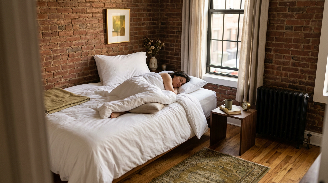 Cozy small Brooklyn pre-war apartment bedroom interior, queen bed with crisp white linens against a wall, single firm pillow placed correctly at the head, small pillow tucked between knees on a smoothed-out side-sleeping setup, soft warm morning light streaming through tall narrow window with iron radiator under it, exposed brick wall, hardwood floors, minimalist nightstand, lived-in tasteful Brooklyn aesthetic, photorealistic interior architectural photography, landscape wide angle, shallow depth of field

quiet luxury, soft cinematic lighting, warm palette, professional, clean composition. gold and muted warm green color tones.

Do not include: cartoon, clipart, stock photo watermark, neon colors, face distortion, white coat, lab coat, doctor coat.