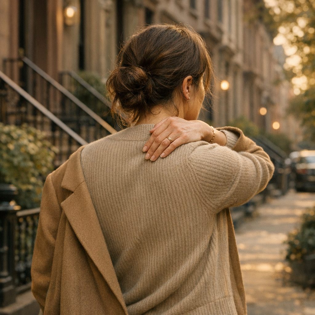 A person on a Brooklyn sidewalk pausing mid-walk to press a hand against their upper back near the shoulder blades, showing mid-back discomfort, brownstone street background, natural daylight, editorial health photography
quiet luxury, soft cinematic lighting, warm palette, professional, clean composition. gold and muted warm green color tones.
Do not include: cartoon, clipart, stock photo watermark, neon colors, face distortion, white coat, lab coat, doctor coat.