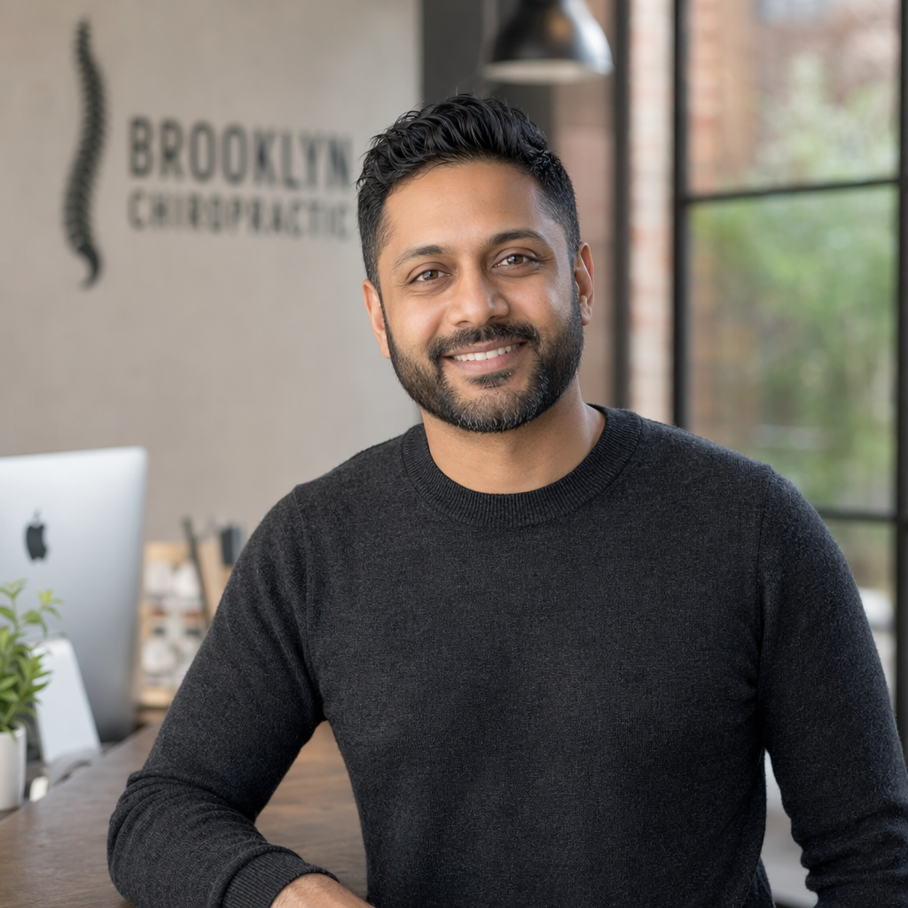 Portrait of Dr. Patel, chiropractor, modern Brooklyn clinic reception, charcoal sweater, no white coat, natural window light, editorial, Canon 85mm, shallow depth of field, photo-realistic