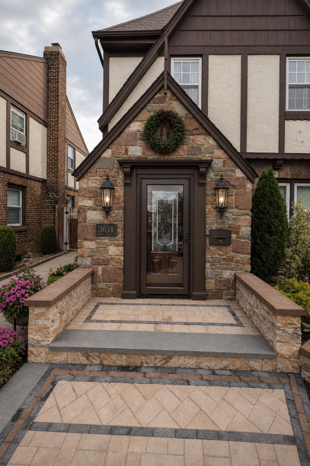 Architectural designer's photorealistic renovation visualization: EDIT the provided photograph of this exact Tudor Revival house. Preserve the photograph's perspective, real multicolored irregular stonework, steep triangular entrance gable and its finial, half-timbered upper facade, windows, original wood entry door behind the glazed dark storm door, stoop, side walls, neighboring houses and planting. Do not redesign the whole building, enlarge the door, replace masonry or invent a generic house. The redesign must be clearly visible but restrained and historically sympathetic.
RECOMMENDED DESIGN: Add a substantial new door surround painted deep warm espresso brown matching existing Tudor timber trim, NOT white or cream. Approximately 5-inch-wide flat vertical casings with a restrained narrow stepped/beaded inner molding, a roughly 7-inch-tall horizontal frieze across the top, and a slim shallow projecting cap molding. Add TWO small simple solid tapered wooden corbels beneath the ends of the projecting cap, one each side; no elaborate scrolls or classical columns. Keep the actual door opening and storm-door operation unobstructed. The cap is a compact horizontal feature above the door, NOT a new porch roof or new triangular pediment; keep existing stone gable trim and pointed finial intact. Leave generous visible stone between header and gable peak.
Replace the left wall light with TWO exactly matching 24-inch TOTAL HEIGHT traditional elongated blackened-bronze wall lanterns, including top and bottom details, with slender approximately 9-inch-wide clear-glass bodies, subtle warm-white light. Not tiny sconces and not giant bulky coach lights. Place them symmetrically on the stone panels left and right, with centers approximately 70 inches above the top landing, same mounting height. Each side has 39 inches of wall width before proposed casing; position lanterns centrally within remaining stone area and keep fixtures independent of the casing. Lantern tops sit below the new door cap.
Keep a single tasteful horizontal dark bronze house-number plaque below the LEFT wall lantern. Preserve existing digits exactly only if legible; otherwise leave an unobtrusive blank plaque rather than inventing numbers. Keep one replacement slim rectangular dark bronze wall-mounted mailbox below the RIGHT lantern, with practical lid and understated detailing; relocate vertically so its CENTER aligns approximately with plaque center, about 46-48 inches above the top landing, while keeping it accessible and clear of door hardware. Show no duplicate old fixtures. Address and mailbox should form a calm secondary horizontal alignment, not compete with lanterns.
One restrained natural green wreath approximately 20-22 inches diameter with a short dark-brown ribbon centered in the STONE FIELD ABOVE THE NEW DOOR CAP and below the triangular gable peak. Leave visible stone around it and a gap above the cap. Never hang on the pointed finial; never obscure the door or new molding. Do not stretch the gable to accommodate the wreath. Remove all four freestanding floor lanterns from the stoop so the entrance is uncluttered and walkable; retain existing stone sidewalls and landscaping. No extra planters on steps.
Reference measurements supplied by owner: 39 inches wall width each side, stoop-to-door measurement approximately 92.5 inches, and stoop to just beneath the pointed finial 136 inches. Approximate design visualization only, no printed dimensions. Show the whole original entrance and enough upper facade to demonstrate architectural compatibility. Bright soft daylight, realistic materials, subtle warm lantern glow. Residential Tudor design, no clinic branding, no people, no text overlays, no watermarks. Prioritize photo fidelity and visibly added dark surround/corbels with correctly larger 24-inch lanterns.

Home Front Entrance is depicted as: The exact private residential front entrance in the primary reference photograph. Tudor-style facade with irregular multicolored stone masonry, steep triangular stone entrance gable, dark brown trim and narrow pointed finial, centered dark-framed glazed storm door over a wood door, paved raised stoop, low stone side walls with brown caps, existing landscaping and neighboring context. Existing wall light and house-number plaque are left of the door; mailbox is right. Preserve actual architecture, stone pattern, door dimensions, perspective and proportions. Only change fixtures and decor explicitly requested. Do not replace this with a generic house or clinic. User measurements: use 39 inches of wall width on EACH side of door; stoop-to-door measurement 92.5 inches (endpoint as stated, not independently surveyed); stoop to just below the pointed finial 136 inches. These are design guidance, not a measured construction drawing..

quiet luxury, soft cinematic lighting, warm palette, professional, clean composition. gold and muted warm green color tones.

Do not include: cartoon, clipart, stock photo watermark, neon colors, face distortion, white coat, lab coat, doctor coat.