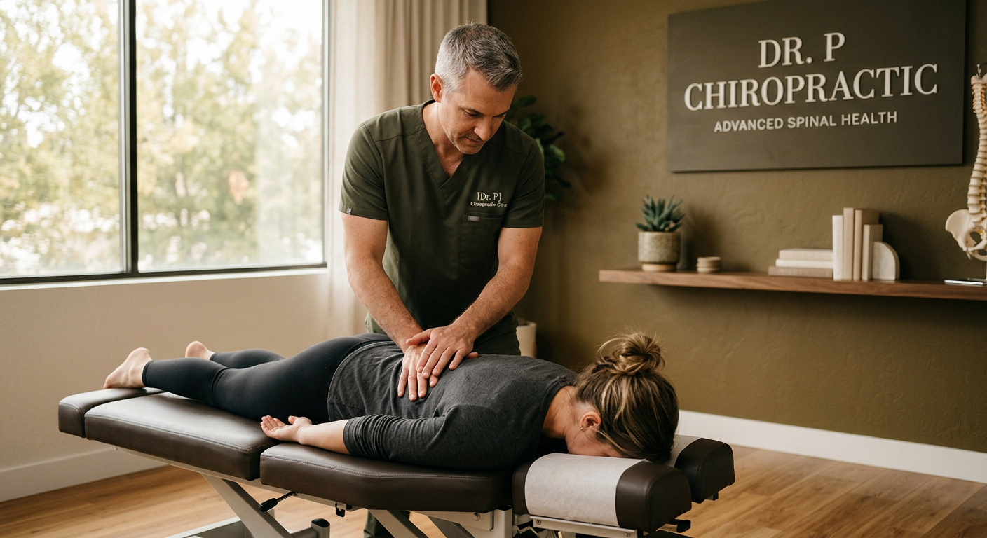 @[drp] performing a chiropractic adjustment in the clinic

Style: quiet luxury, soft cinematic lighting, warm palette, professional, clean composition. Colors: primary #7F6B2E, secondary #9BA17F. Typography: Bodoni Moda headings, Manrope body.

Avoid: cartoon, clipart, stock photo watermark, neon colors, face distortion