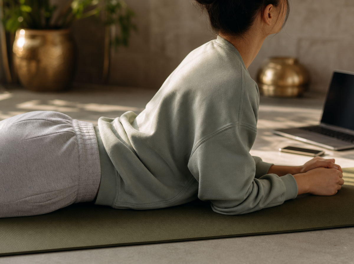 GBP post image, no text. A tasteful photorealistic wellness scene for adult tummy time and tech neck relief: side-angle composition focused on upper back, neck, shoulders, forearms, and mat. Person in loose casual sweatshirt and joggers lying prone on a clean exercise mat, gently propped on forearms, face turned away or cropped out. Laptop and phone off to the side, softly out of focus. Keep the composition clinical and tasteful, avoid emphasizing hips or buttocks. No clinician, no doctor, no recognizable face, no logos.
quiet luxury, soft cinematic lighting, warm palette, professional, clean composition. gold and muted warm green color tones.
Do not include: cartoon, clipart, stock photo watermark, neon colors, face distortion, white coat, lab coat, doctor coat.