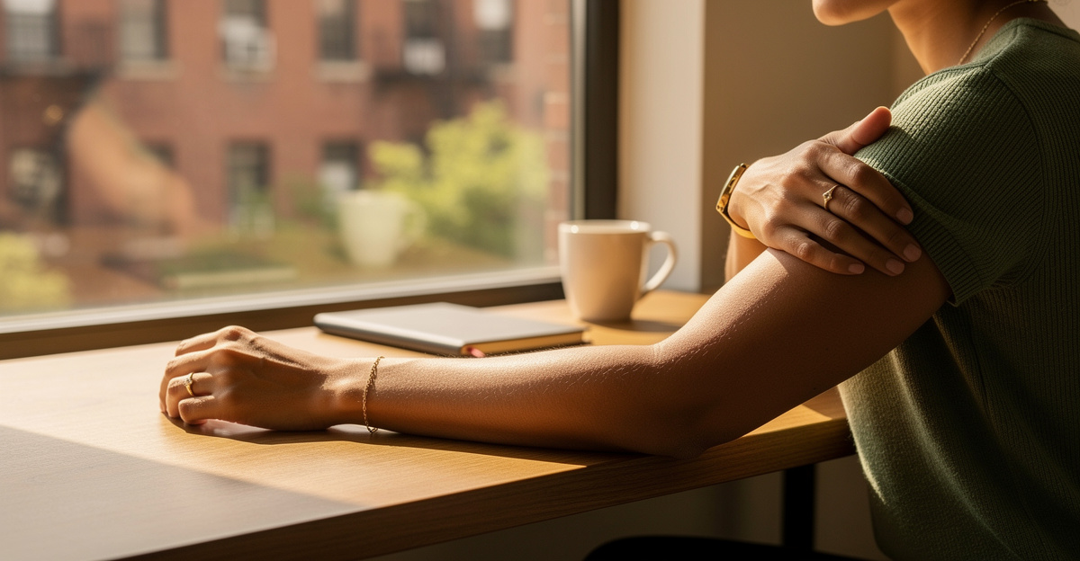 Preserve the approved reference composition as closely as possible. Editorial blog hero photograph, wide horizontal crop. Close side view of one adult seated at a clean wooden desk beside a Brooklyn apartment window. Keep the face mostly outside the frame. One visible arm rests naturally along the desk with a relaxed hand; the other hand lightly touches the same-side upper shoulder to suggest a neck-to-arm symptom pattern. Anatomically realistic hands and proportions. No clinician, no second person, no treatment, no adjustment, no medical procedure, no text, no logos, no anatomy overlay, no X-ray, no hospital scene.

quiet luxury, soft cinematic lighting, warm palette, professional, clean composition. gold and muted warm green color tones.

Do not include: cartoon, clipart, stock photo watermark, neon colors, face distortion, white coat, lab coat, doctor coat.