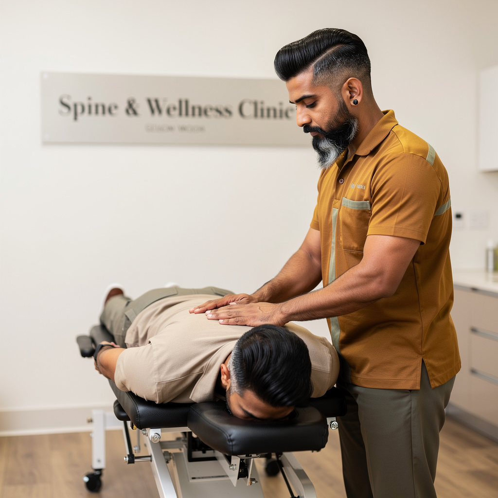 @drp adjusting a patient's spine in a clinical setting.

[Character: drp]  Adult South Asian man with a medium-to-deep warm brown skin tone and a strong, professional
  appearance. Oval to slightly long face, with a broad forehead, high hairline, and a well-defined
  beard that gives the lower face a stronger, more angular shape. Dark black hair with visible gray
  at the temples and sides, worn short on the sides in a fade/taper and longer on top, styled upward
   and back in a clean, voluminous quiff/pompadour. Hairline sits a bit high, with slight recession
  at the temples. Thick, dark, straight to gently arched eyebrows. Dark brown, medium-sized,
  slightly deep-set eyes with a calm, focused look. Medium width nose, straight in profile, with a
  rounded tip. Medium fullness lips, lower lip slightly fuller. Full, connected beard and mustache,
  mostly black with noticeable gray/silver strands, especially at the cheeks, sideburn area, and
  chin. Beard is shorter and neater on the cheeks and fuller/longer at the chin. Strong and
  masculine jawline. Solid and broad-shouldered, medium-to-stocky frame. Upright, composed, and
  confident posture. Keep realistic skin texture, natural pores, subtle under-eye detail, and
  authentic salt-and-pepper facial hair. Do not make the face overly smooth or overly youthful.

Style: quiet luxury, soft cinematic lighting, warm palette, professional, clean composition. Colors: primary #7F6B2E, secondary #9BA17F. Typography: Bodoni Moda headings, Manrope body.

Avoid: cartoon, clipart, stock photo watermark, neon colors, face distortion