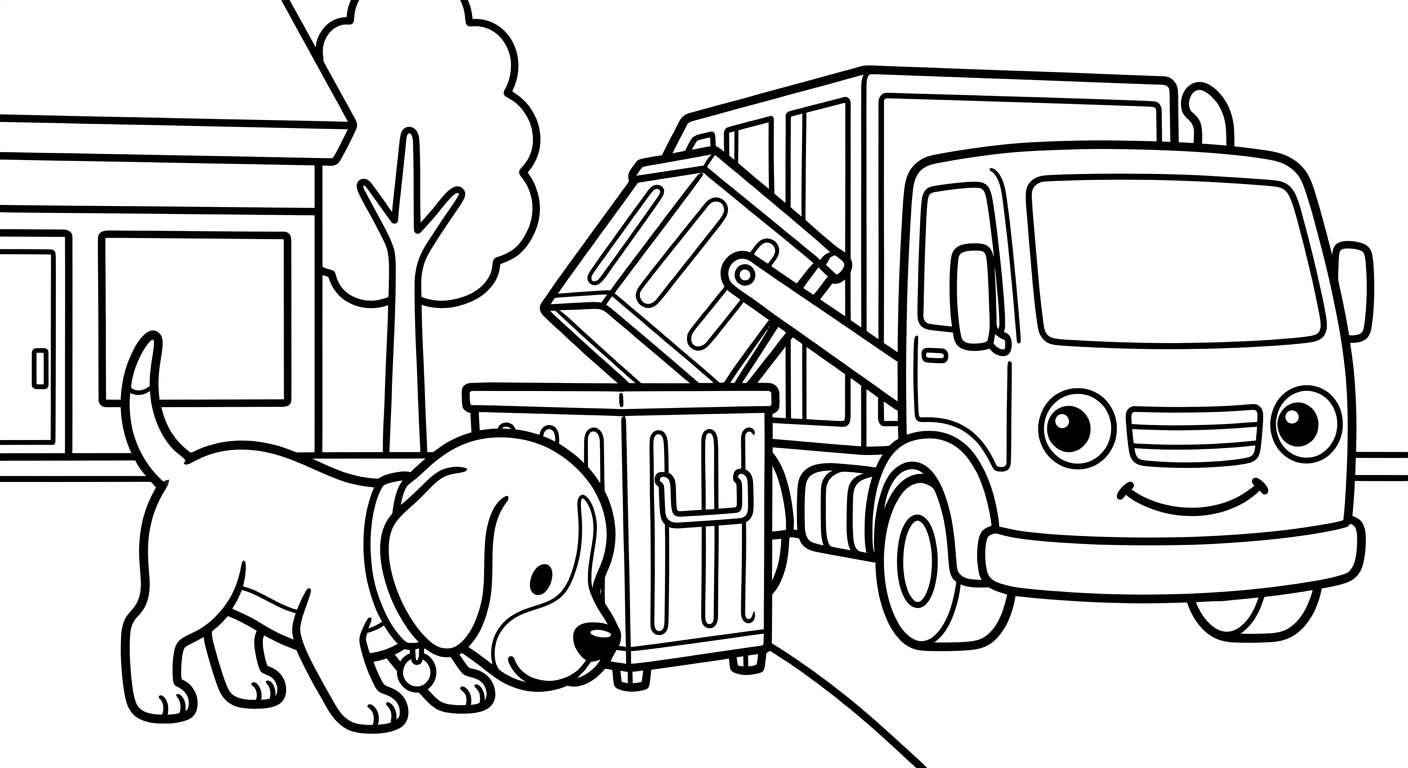 Black and white coloring book page for toddlers. The SAME chibi beagle puppy named Scout from the reference image, identical face and collar with the small round tag, sniffing with nose down, sniffing at the base of the shop's dumpster, next to/with a front-loader truck emptying a dumpster behind a small shop. The truck has a friendly face from its OWN parts: the round headlights are the eyes and the front grille is a smiling mouth, no cartoon eyes on the windshield. A simple scene with one shop outline and one tree shape, no more than two or three background shapes, lots of white space. Clean SOLID bold black outlines, simple smooth rounded shapes, NO furry texture, pure white background, no shading, no gray, NO solid black fills anywhere, NO text or words or letters anywhere in the image, large open areas to color. CRITICAL: pure black and white line art, every object is WHITE inside with only black outlines, absolutely NO solid black fills, no dark shading, no black blobs anywhere.
quiet luxury, soft cinematic lighting, warm palette, professional, clean composition. gold and muted warm green color tones.
Do not include: cartoon, clipart, stock photo watermark, neon colors, face distortion, white coat, lab coat, doctor coat.