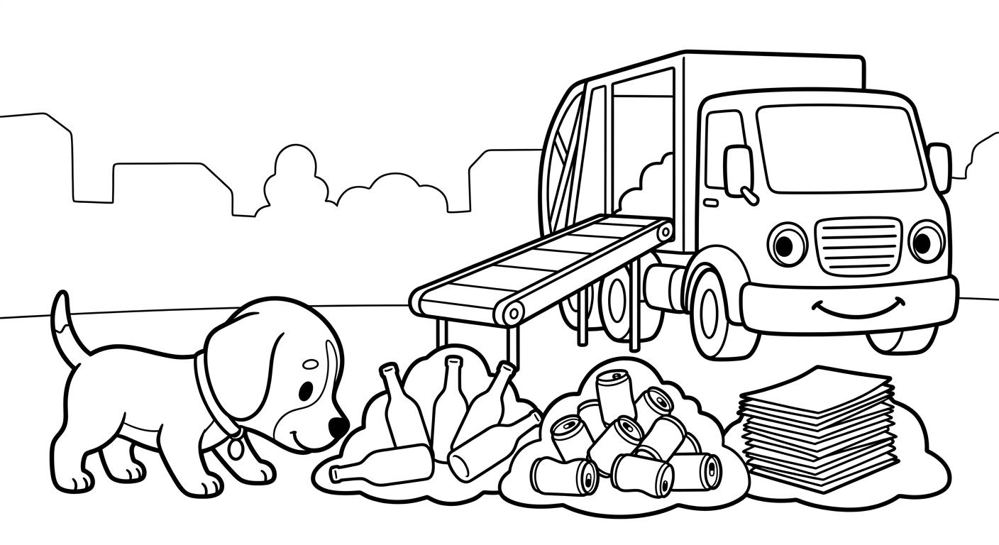 Black and white coloring book page for toddlers. The SAME chibi beagle puppy named Scout from the reference image, identical face and collar with the small round tag, sniffing with nose down, sniffing along the sorted recycling piles, next to/with a recycling-center truck unloading beside a conveyor. The truck has a friendly face from its OWN parts: the round headlights are the eyes and the front grille is a smiling mouth, no cartoon eyes on the windshield. A simple scene with sorted bottle, can, and paper piles, no more than two or three background shapes, lots of white space. Clean SOLID bold black outlines, simple smooth rounded shapes, NO furry texture, pure white background, no shading, no gray, NO solid black fills anywhere, NO text or words or letters anywhere in the image, large open areas to color.
quiet luxury, soft cinematic lighting, warm palette, professional, clean composition. gold and muted warm green color tones.
Do not include: cartoon, clipart, stock photo watermark, neon colors, face distortion, white coat, lab coat, doctor coat.