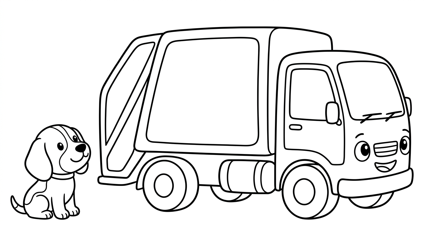 Black and white coloring book line art. One big very simple empty garbage truck outline with headlight eyes and grille smile, side view, the SAME chibi beagle Scout from reference sitting beside it looking up happily, lots of empty white space. Clean SOLID bold black outlines, simple smooth rounded shapes, NO furry texture, pure white background, no shading, no gray, NO solid black fills, NO text or letters, large open areas to color.
quiet luxury, soft cinematic lighting, warm palette, professional, clean composition. gold and muted warm green color tones.
Do not include: cartoon, clipart, stock photo watermark, neon colors, face distortion, white coat, lab coat, doctor coat.