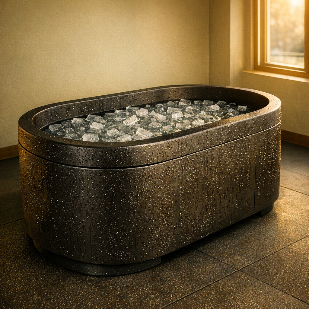 Documentary editorial photograph, three-quarter view of one purpose-built matte black athletic cold plunge tub on a clean dark rubber gym floor. The water is visibly cold with realistic floating ice cubes. Clear condensation droplets cover the outside of the tub. Cool neutral daylight from a window, crisp air, simple empty recovery room. No people, body parts, steam, vapor, mist, haze, hot-tub jets, sauna, warm lighting, candles, towels, spa decor, bottles, wall fixtures, text, logos, signage, or labels. The only objects are the cold plunge tub, ice water, floor, plain wall, and window.

quiet luxury, soft cinematic lighting, warm palette, professional, clean composition. gold and muted warm green color tones.

Do not include: cartoon, clipart, stock photo watermark, neon colors, face distortion, white coat, lab coat, doctor coat.