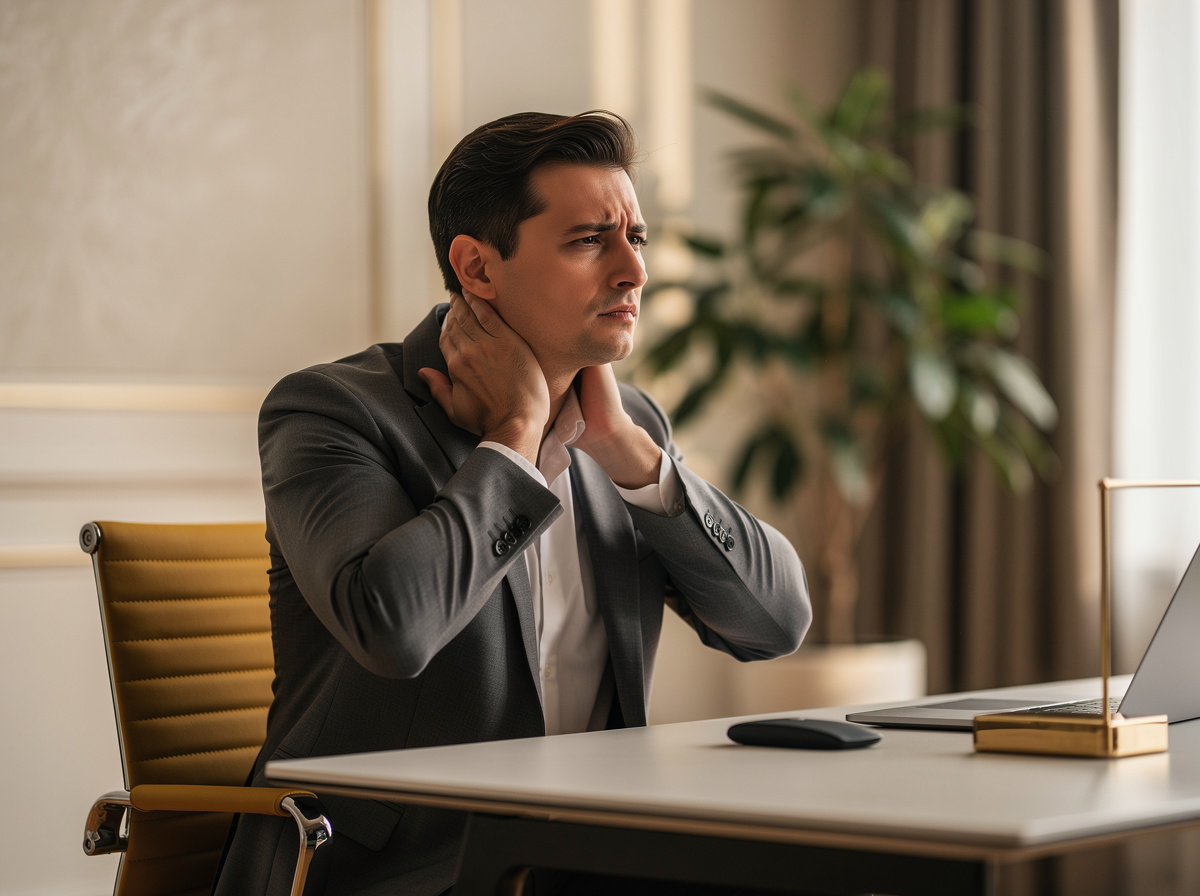 Realistic photo of an adult office worker seated with visible neck and upper back tension, shoulders elevated, hands near neck, soft natural light, calm upscale interior, stress held in the body, no text, no logo, no collage, no distorted fingers or face

Style: quiet luxury, soft cinematic lighting, warm palette, professional, clean composition. Colors: primary #7F6B2E, secondary #9BA17F. Typography: Bodoni Moda headings, Manrope body.

Avoid: cartoon, clipart, stock photo watermark, neon colors, face distortion, white coat, lab coat, doctor coat