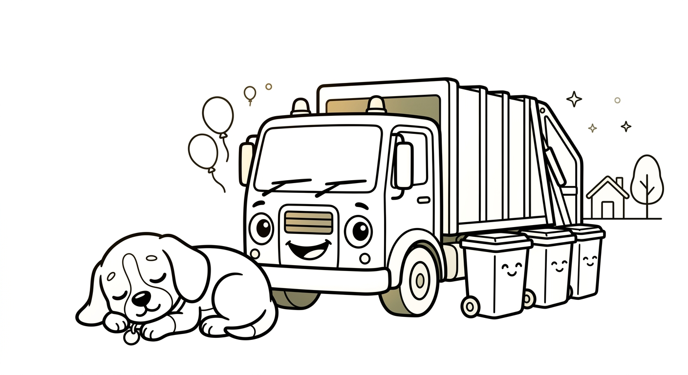 Black and white coloring book page for toddlers. The SAME chibi beagle puppy named Scout from the reference image, identical face and collar with the small round tag, curled up sleeping with eyes closed, curled up sleeping peacefully by the parked truck at night, next to/with a clean shiny garbage truck parked for the night and empty bins in a happy row. The truck has a friendly face from its OWN parts: the round headlights are the eyes and the front grille is a smiling mouth, no cartoon eyes on the windshield. A simple celebration scene with a few balloon shapes, one house and one tree, no more than two or three background shapes, lots of white space. Clean SOLID bold black outlines, simple smooth rounded shapes, NO furry texture, pure white background, no shading, no gray, NO solid black fills anywhere, NO text or words or letters anywhere in the image, large open areas to color.
quiet luxury, soft cinematic lighting, warm palette, professional, clean composition. gold and muted warm green color tones.
Do not include: cartoon, clipart, stock photo watermark, neon colors, face distortion, white coat, lab coat, doctor coat.