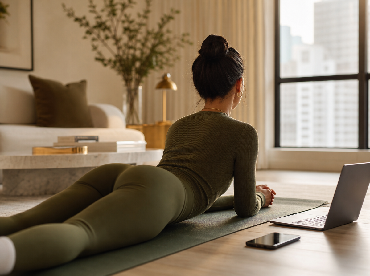 GBP post image, no text. A tasteful photorealistic scene of a person in comfortable casual clothes lying prone on a clean exercise mat in a bright modern apartment, gently propped on forearms like adult tummy time for tech neck relief. Show a laptop and phone off to the side, slightly out of focus, suggesting screen posture. No clinician, no doctor, no recognizable face, no logos.
quiet luxury, soft cinematic lighting, warm palette, professional, clean composition. gold and muted warm green color tones.
Do not include: cartoon, clipart, stock photo watermark, neon colors, face distortion, white coat, lab coat, doctor coat.