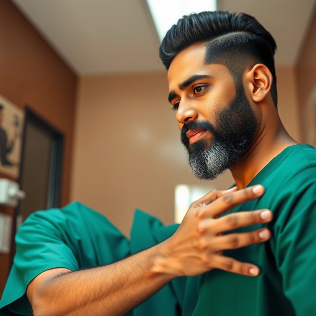 Wide angle landscape photo of Dr. Patel examining a patient's wrist in a modern chiropractic clinic, green scrubs, no white coat, warm lighting, photorealistic

Dr. Patel is depicted as:  Adult South Asian man with a medium-to-deep warm brown skin tone and a strong, professional
  appearance. Oval to slightly long face, with a broad forehead, high hairline, and a well-defined
  beard that gives the lower face a stronger, more angular shape. Dark black hair with visible gray
  at the temples and sides, worn short on the sides in a fade/taper and longer on top, styled upward
   and back in a clean, voluminous quiff/pompadour. Hairline sits a bit high, with slight recession
  at the temples. Thick, dark, straight to gently arched eyebrows. Dark brown, medium-sized,
  slightly deep-set eyes with a calm, focused look. Medium width nose, straight in profile, with a
  rounded tip. Medium fullness lips, lower lip slightly fuller. Full, connected beard and mustache,
  mostly black with noticeable gray/silver strands, especially at the cheeks, sideburn area, and
  chin. Beard is shorter and neater on the cheeks and fuller/longer at the chin. Strong and
  masculine jawline. Solid and broad-shouldered, medium-to-stocky frame. Upright, composed, and
  confident posture. Keep realistic skin texture, natural pores, subtle under-eye detail, and
  authentic salt-and-pepper facial hair. Do not make the face overly smooth or overly youthful..

quiet luxury, soft cinematic lighting, warm palette, professional, clean composition. gold and muted warm green color tones.

Do not include: cartoon, clipart, stock photo watermark, neon colors, face distortion, white coat, lab coat, doctor coat.