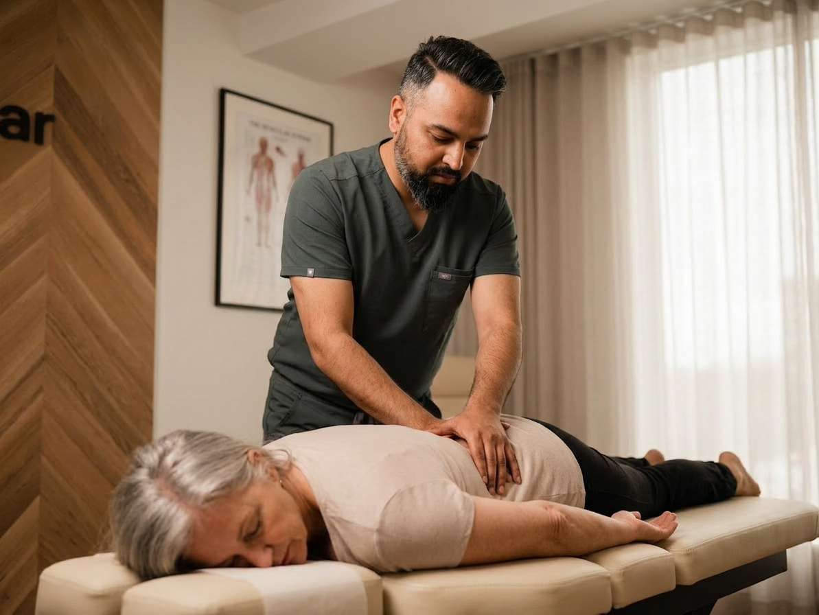 @drp adjusting a patient's spine in a clinical setting.

[Character: drp]  Adult South Asian man with a medium-to-deep warm brown skin tone and a strong, professional
  appearance. Oval to slightly long face, with a broad forehead, high hairline, and a well-defined
  beard that gives the lower face a stronger, more angular shape. Dark black hair with visible gray
  at the temples and sides, worn short on the sides in a fade/taper and longer on top, styled upward
   and back in a clean, voluminous quiff/pompadour. Hairline sits a bit high, with slight recession
  at the temples. Thick, dark, straight to gently arched eyebrows. Dark brown, medium-sized,
  slightly deep-set eyes with a calm, focused look. Medium width nose, straight in profile, with a
  rounded tip. Medium fullness lips, lower lip slightly fuller. Full, connected beard and mustache,
  mostly black with noticeable gray/silver strands, especially at the cheeks, sideburn area, and
  chin. Beard is shorter and neater on the cheeks and fuller/longer at the chin. Strong and
  masculine jawline. Solid and broad-shouldered, medium-to-stocky frame. Upright, composed, and
  confident posture. Keep realistic skin texture, natural pores, subtle under-eye detail, and
  authentic salt-and-pepper facial hair. Do not make the face overly smooth or overly youthful.

Style: quiet luxury, soft cinematic lighting, warm palette, professional, clean composition. Colors: primary #7F6B2E, secondary #9BA17F. Typography: Bodoni Moda headings, Manrope body.

Avoid: cartoon, clipart, stock photo watermark, neon colors, face distortion