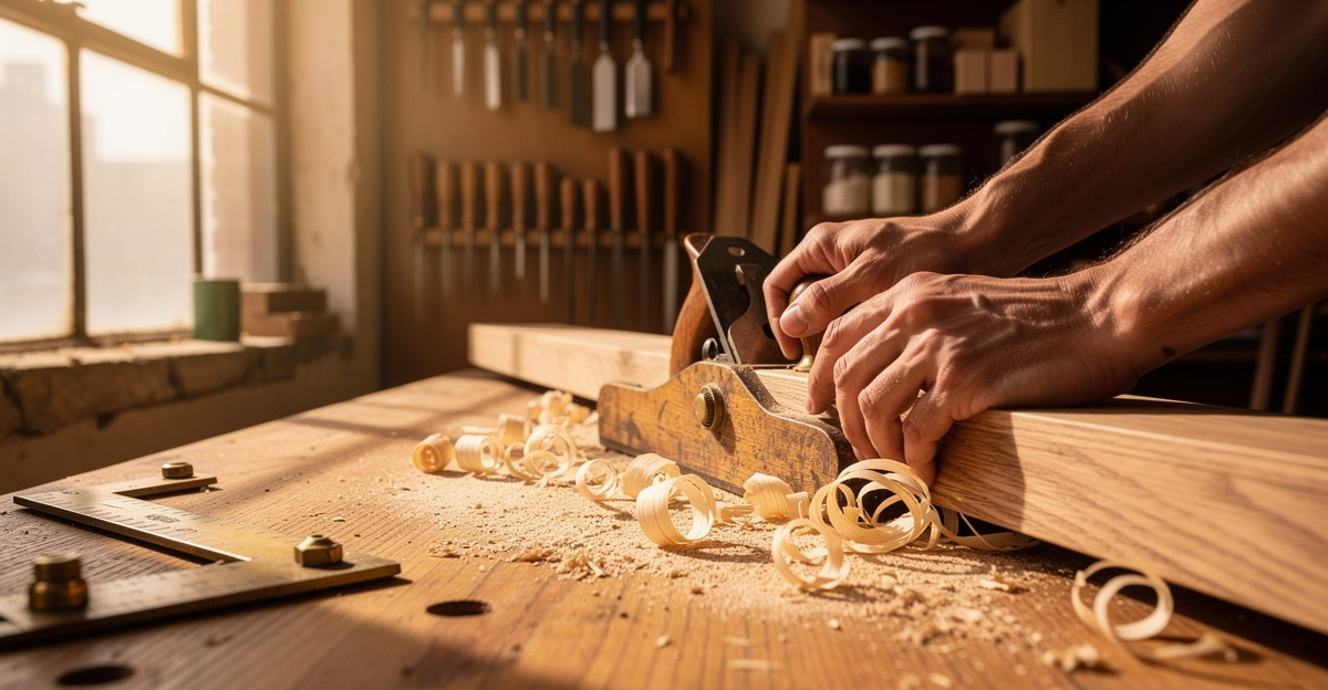 Wide angle landscape documentary photograph of a Brooklyn woodworking craftsperson's workshop. Close-up focus on a skilled pair of hands using a wooden hand plane along a long plank of raw oak, thin curls of wood shavings peeling away from the blade. Natural golden afternoon light streaming in from a large industrial window at left. Warm earth tones, honey-colored wood, brass tool fittings. Organized pegboard of hand tools softly blurred in background. Sawdust on the bench surface, one vintage brass measuring square visible. No faces, no people shown above the wrists, tactile and authentic craftsmanship. No text, no signs, no writing, no logos.

Style: quiet luxury, soft cinematic lighting, warm palette, professional, clean composition. Colors: primary #7F6B2E, secondary #9BA17F. Typography: Bodoni Moda headings, Manrope body.

Avoid: cartoon, clipart, stock photo watermark, neon colors, face distortion, white coat, lab coat, doctor coat
