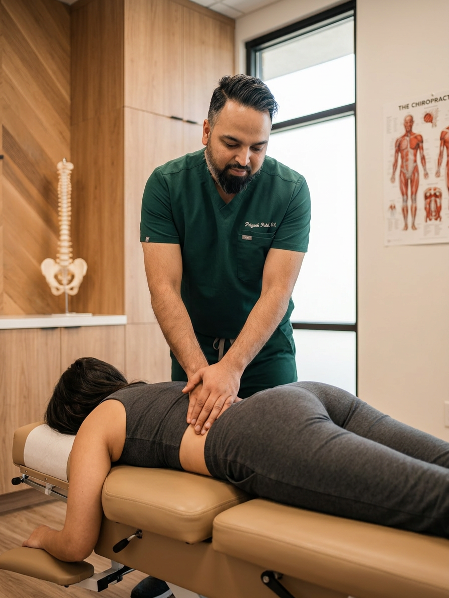 adjusting a patients lower back in the clinic

[Character: drp]  Adult South Asian man with a medium-to-deep warm brown skin tone and a strong, professional
  appearance. Oval to slightly long face, with a broad forehead, high hairline, and a well-defined
  beard that gives the lower face a stronger, more angular shape. Dark black hair with visible gray
  at the temples and sides, worn short on the sides in a fade/taper and longer on top, styled upward
   and back in a clean, voluminous quiff/pompadour. Hairline sits a bit high, with slight recession
  at the temples. Thick, dark, straight to gently arched eyebrows. Dark brown, medium-sized,
  slightly deep-set eyes with a calm, focused look. Medium width nose, straight in profile, with a
  rounded tip. Medium fullness lips, lower lip slightly fuller. Full, connected beard and mustache,
  mostly black with noticeable gray/silver strands, especially at the cheeks, sideburn area, and
  chin. Beard is shorter and neater on the cheeks and fuller/longer at the chin. Strong and
  masculine jawline. Solid and broad-shouldered, medium-to-stocky frame. Upright, composed, and
  confident posture. Keep realistic skin texture, natural pores, subtle under-eye detail, and
  authentic salt-and-pepper facial hair. Do not make the face overly smooth or overly youthful.

Style: quiet luxury, soft cinematic lighting, warm palette, professional, clean composition. Colors: primary #7F6B2E, secondary #9BA17F. Typography: Bodoni Moda headings, Manrope body.

Avoid: cartoon, clipart, stock photo watermark, neon colors, face distortion