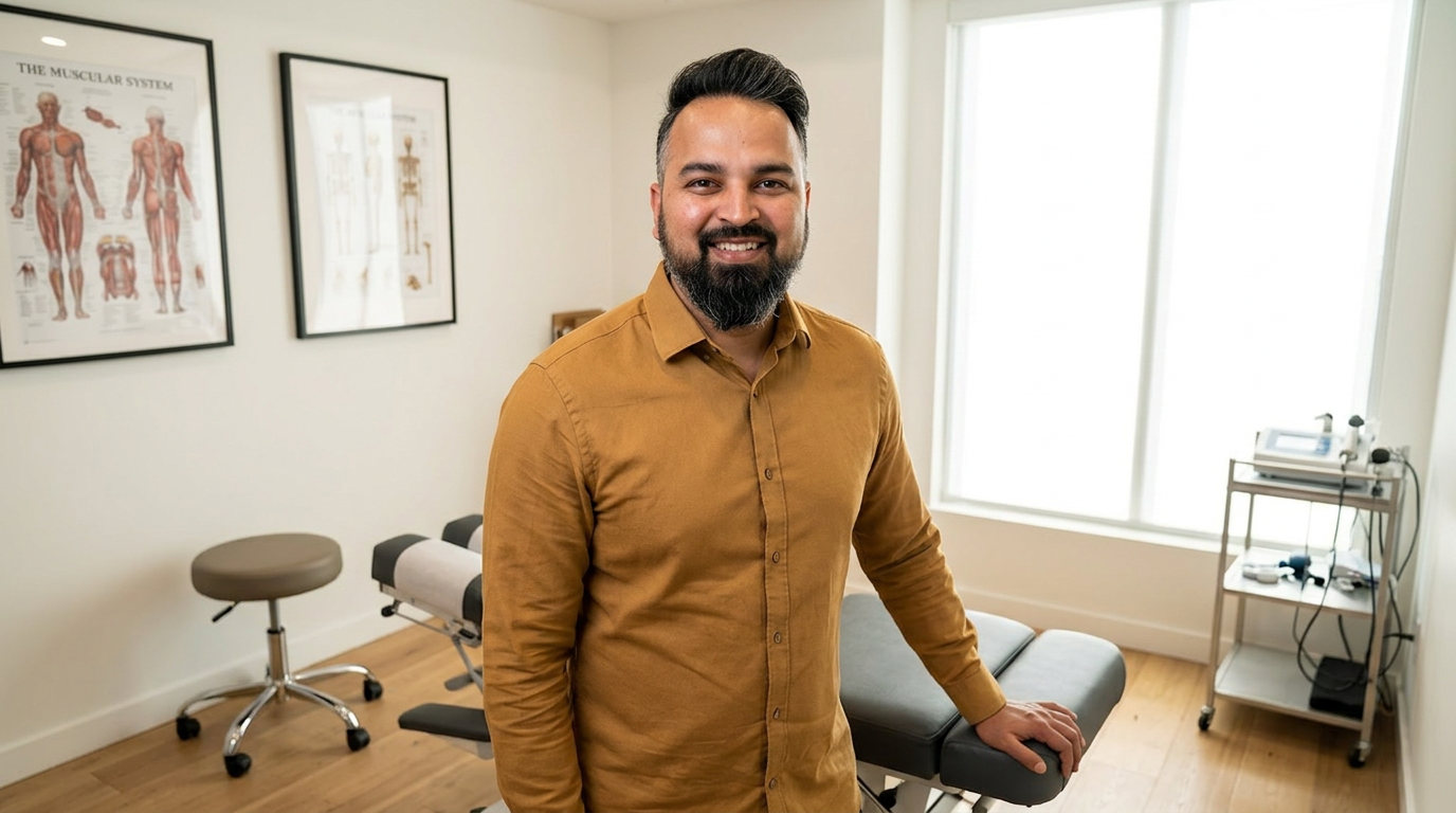 wide angle, landscape, no text, no signs, no writing, Dr. Priyank Patel portrait, 40 years old, lean fit build, dark hair, dark beard with minimal gray, warm brown skin tone, slim defined jawline, standing in a modern chiropractic treatment room, wearing a warm-toned fitted button-down shirt (no white coat, no lab coat), one hand relaxed on the adjustment table beside him, slight genuine warm smile, direct eye contact with the camera, soft natural light, shallow depth of field, editorial photorealistic portrait, natural skin tones, professional and approachable

Dr. Patel:  Adult South Asian man with a medium-to-deep warm brown skin tone and a strong, professional
  appearance. Oval to slightly long face, with a broad forehead, high hairline, and a well-defined
  beard that gives the lower face a stronger, more angular shape. Dark black hair with visible gray
  at the temples and sides, worn short on the sides in a fade/taper and longer on top, styled upward
   and back in a clean, voluminous quiff/pompadour. Hairline sits a bit high, with slight recession
  at the temples. Thick, dark, straight to gently arched eyebrows. Dark brown, medium-sized,
  slightly deep-set eyes with a calm, focused look. Medium width nose, straight in profile, with a
  rounded tip. Medium fullness lips, lower lip slightly fuller. Full, connected beard and mustache,
  mostly black with noticeable gray/silver strands, especially at the cheeks, sideburn area, and
  chin. Beard is shorter and neater on the cheeks and fuller/longer at the chin. Strong and
  masculine jawline. Solid and broad-shouldered, medium-to-stocky frame. Upright, composed, and
  confident posture. Keep realistic skin texture, natural pores, subtle under-eye detail, and
  authentic salt-and-pepper facial hair. Do not make the face overly smooth or overly youthful.
Treatment Room: A modern, narrow rectangular chiropractic treatment room with a clean, minimal, upscale clinical look. The room has bright matte white walls, a white ceiling, white baseboards, and light natural oak wood plank flooring with a soft warm tone. The overall design is simple, uncluttered, and professional, with a calm medical aesthetic rather than a spa aesthetic.

The central focal point of the room is a premium chiropractic treatment table placed lengthwise in the middle of the room. The table has dark charcoal or deep gray padding, a light gray to off-white metal frame, and multiple bright yellow adjustment levers and handles. The table is large, segmented, and clearly a specialized chiropractic table, not a massage table.

Along the main wall are three vertically oriented framed anatomy posters in thin black frames with white mats. The posters show classic medical anatomical illustrations, including the muscular system, skeletal system, and spinal nerves. They are evenly spaced and mounted in a straight horizontal row above and behind the table, creating a clean visual rhythm.

Near the back corner of the room is a narrow leaning ladder shelf with a black metal frame and light wood shelves. The shelf holds a small number of clinical and office items such as tissues, paper towels, wipes, baskets, and small containers. Beside the shelf is a round rolling stool with a dark padded seat and chrome base.

On one side of the room is a simple desk area with a light-colored office chair, computer equipment, and a few practical work items, but this area should remain secondary and not dominate the image. On the opposite end of the room is a white wall-mounted cabinet and a compact rolling clinical utility cart with electrotherapy or rehab equipment, folded towels, wires, and supplies.

The room also includes a black door with a tall rounded-rectangle vertical window, adding a modern architectural detail. A few visible cords and small clinical devices are acceptable, but the room should still feel tidy, intentional, and professional.

Lighting is bright, neutral-to-cool clinical overhead lighting with soft natural realism. The room should feel real, functional, and high-end, with clean lines, minimal decor, and a polished chiropractic practice atmosphere.

quiet luxury, soft cinematic lighting, warm palette, professional, clean composition. gold and muted warm green color tones.

Do not include: cartoon, clipart, stock photo watermark, neon colors, face distortion, white coat, lab coat, doctor coat.