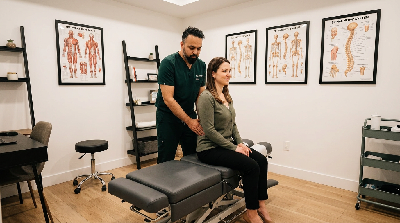 @drp Dr. Patel in dark green scrubs examining a seated elementary school teacher lower back in a modern chiropractic clinic, patient on adjustment table, @drp standing behind performing spinal assessment, warm professional lighting, landscape wide angle, photorealistic professional medical photography

Dr. Patel:  Adult South Asian man with a medium-to-deep warm brown skin tone and a strong, professional
  appearance. Oval to slightly long face, with a broad forehead, high hairline, and a well-defined
  beard that gives the lower face a stronger, more angular shape. Dark black hair with visible gray
  at the temples and sides, worn short on the sides in a fade/taper and longer on top, styled upward
   and back in a clean, voluminous quiff/pompadour. Hairline sits a bit high, with slight recession
  at the temples. Thick, dark, straight to gently arched eyebrows. Dark brown, medium-sized,
  slightly deep-set eyes with a calm, focused look. Medium width nose, straight in profile, with a
  rounded tip. Medium fullness lips, lower lip slightly fuller. Full, connected beard and mustache,
  mostly black with noticeable gray/silver strands, especially at the cheeks, sideburn area, and
  chin. Beard is shorter and neater on the cheeks and fuller/longer at the chin. Strong and
  masculine jawline. Solid and broad-shouldered, medium-to-stocky frame. Upright, composed, and
  confident posture. Keep realistic skin texture, natural pores, subtle under-eye detail, and
  authentic salt-and-pepper facial hair. Do not make the face overly smooth or overly youthful.
Treatment Room: A modern, narrow rectangular chiropractic treatment room with a clean, minimal, upscale clinical look. The room has bright matte white walls, a white ceiling, white baseboards, and light natural oak wood plank flooring with a soft warm tone. The overall design is simple, uncluttered, and professional, with a calm medical aesthetic rather than a spa aesthetic.

The central focal point of the room is a premium chiropractic treatment table placed lengthwise in the middle of the room. The table has dark charcoal or deep gray padding, a light gray to off-white metal frame, and multiple bright yellow adjustment levers and handles. The table is large, segmented, and clearly a specialized chiropractic table, not a massage table.

Along the main wall are three vertically oriented framed anatomy posters in thin black frames with white mats. The posters show classic medical anatomical illustrations, including the muscular system, skeletal system, and spinal nerves. They are evenly spaced and mounted in a straight horizontal row above and behind the table, creating a clean visual rhythm.

Near the back corner of the room is a narrow leaning ladder shelf with a black metal frame and light wood shelves. The shelf holds a small number of clinical and office items such as tissues, paper towels, wipes, baskets, and small containers. Beside the shelf is a round rolling stool with a dark padded seat and chrome base.

On one side of the room is a simple desk area with a light-colored office chair, computer equipment, and a few practical work items, but this area should remain secondary and not dominate the image. On the opposite end of the room is a white wall-mounted cabinet and a compact rolling clinical utility cart with electrotherapy or rehab equipment, folded towels, wires, and supplies.

The room also includes a black door with a tall rounded-rectangle vertical window, adding a modern architectural detail. A few visible cords and small clinical devices are acceptable, but the room should still feel tidy, intentional, and professional.

Lighting is bright, neutral-to-cool clinical overhead lighting with soft natural realism. The room should feel real, functional, and high-end, with clean lines, minimal decor, and a polished chiropractic practice atmosphere.

quiet luxury, soft cinematic lighting, warm palette, professional, clean composition. gold and muted warm green color tones.

Do not include: cartoon, clipart, stock photo watermark, neon colors, face distortion, white coat, lab coat, doctor coat.