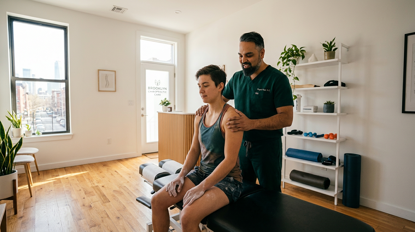 Wide angle landscape photo of Dr. Patel, a male Indian-American chiropractor in dark green scrubs, examining the shoulder of a young adult rock climber patient at Brooklyn Chiropractic Care clinic in Greenpoint. The climber is wearing athletic clothes and has chalked hands. Bright modern clinical room with oak floors and white walls, warm natural light. Professional, warm, approachable. No white coat. Landscape orientation, wide angle, documentary photography style.

[Character: drp]  Adult South Asian man with a medium-to-deep warm brown skin tone and a strong, professional
  appearance. Oval to slightly long face, with a broad forehead, high hairline, and a well-defined
  beard that gives the lower face a stronger, more angular shape. Dark black hair with visible gray
  at the temples and sides, worn short on the sides in a fade/taper and longer on top, styled upward
   and back in a clean, voluminous quiff/pompadour. Hairline sits a bit high, with slight recession
  at the temples. Thick, dark, straight to gently arched eyebrows. Dark brown, medium-sized,
  slightly deep-set eyes with a calm, focused look. Medium width nose, straight in profile, with a
  rounded tip. Medium fullness lips, lower lip slightly fuller. Full, connected beard and mustache,
  mostly black with noticeable gray/silver strands, especially at the cheeks, sideburn area, and
  chin. Beard is shorter and neater on the cheeks and fuller/longer at the chin. Strong and
  masculine jawline. Solid and broad-shouldered, medium-to-stocky frame. Upright, composed, and
  confident posture. Keep realistic skin texture, natural pores, subtle under-eye detail, and
  authentic salt-and-pepper facial hair. Do not make the face overly smooth or overly youthful.

Style: quiet luxury, soft cinematic lighting, warm palette, professional, clean composition. Colors: primary #7F6B2E, secondary #9BA17F. Typography: Bodoni Moda headings, Manrope body.

Avoid: cartoon, clipart, stock photo watermark, neon colors, face distortion, white coat, lab coat, doctor coat