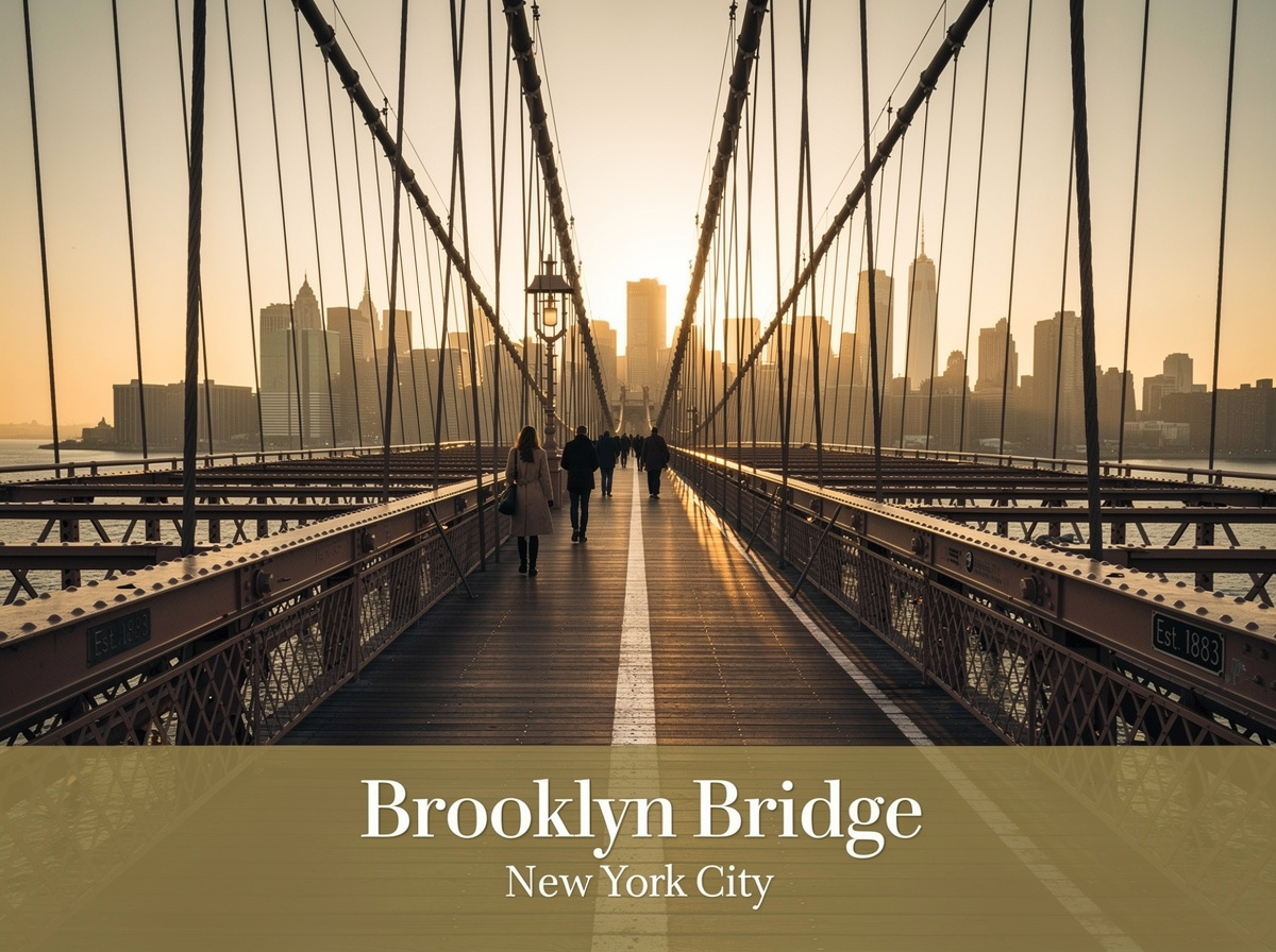sunset on the brooklyn bridge

Style: quiet luxury, soft cinematic lighting, warm palette, professional, clean composition. Colors: primary #7F6B2E, secondary #9BA17F. Typography: Bodoni Moda headings, Manrope body.

Avoid: cartoon, clipart, stock photo watermark, neon colors, face distortion
