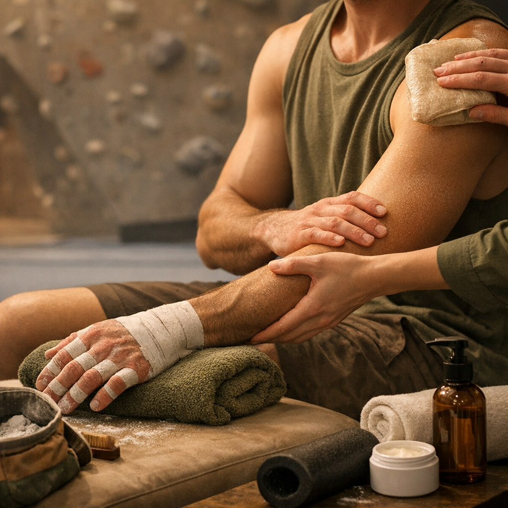Indoor climbing recovery scene with taped hands, chalk, forearm and shoulder care, subtle bouldering gym context, refined premium healthcare editorial image, no text

Style: quiet luxury, soft cinematic lighting, warm palette, professional, clean composition. Colors: primary #7F6B2E, secondary #9BA17F. Typography: Bodoni Moda headings, Manrope body.

Avoid: cartoon, clipart, stock photo watermark, neon colors, face distortion, white coat, lab coat, doctor coat