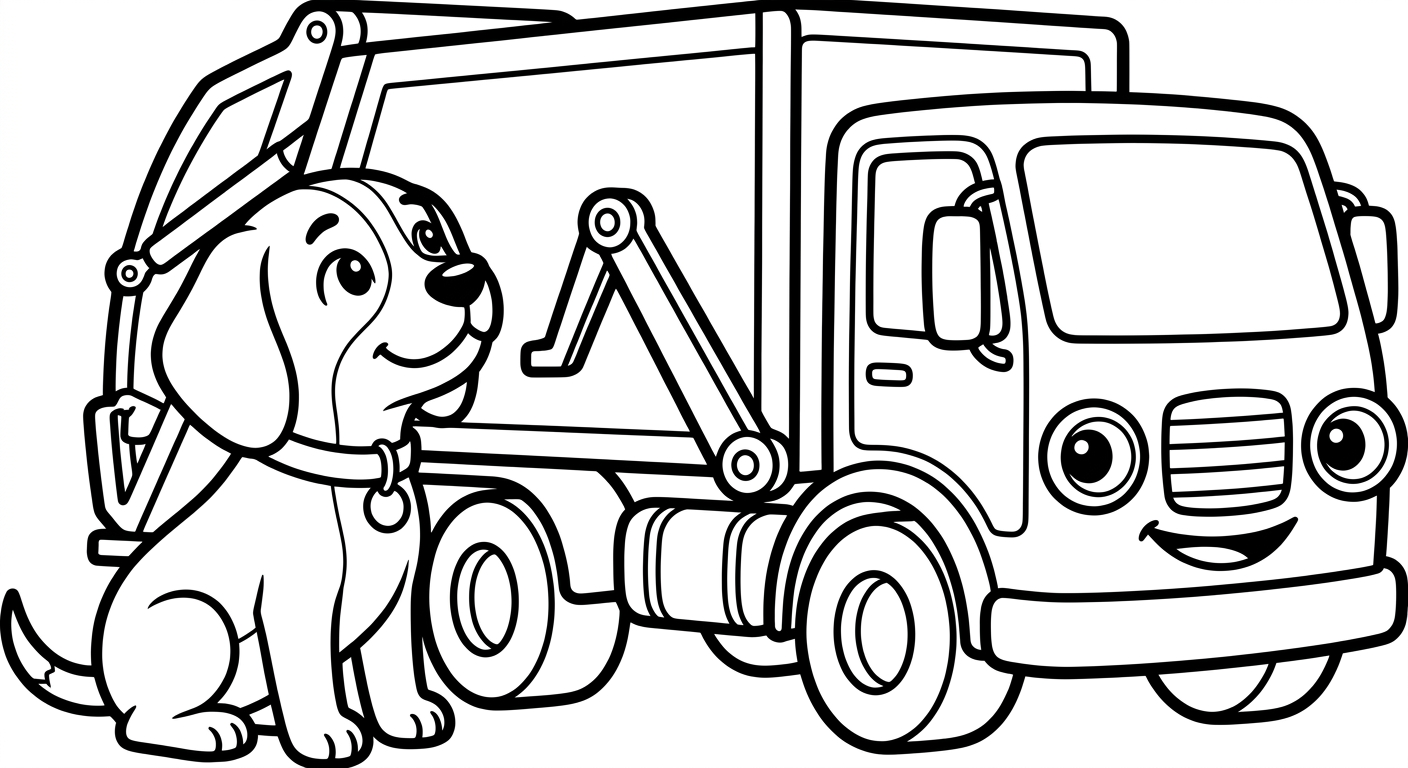 Black and white coloring book page for toddlers. The SAME chibi beagle puppy named Scout from the reference image, identical face and collar with the small round tag, sitting upright and watching on his back with paws up, sitting upright and watching happily on his back beside the side-loader, next to/with a side-loader garbage truck in simple side view with a mechanical arm folded along its body. The truck has a friendly face from its OWN parts: the round headlights are the eyes and the front grille is a smiling mouth, no cartoon eyes on the windshield. Just the truck and Scout on an empty page, maximum white space, no background. Clean SOLID bold black outlines, simple smooth rounded shapes, NO furry texture, pure white background, no shading, no gray, NO solid black fills anywhere, NO text or words or letters anywhere in the image, large open areas to color. Scout is in a clear simple sitting pose with correct anatomy, four legs visible, not rolling. CRITICAL: pure black and white line art, every object is WHITE inside with only black outlines, absolutely NO solid black fills, no dark shading, no black blobs anywhere.
quiet luxury, soft cinematic lighting, warm palette, professional, clean composition. gold and muted warm green color tones.
Do not include: cartoon, clipart, stock photo watermark, neon colors, face distortion, white coat, lab coat, doctor coat.
