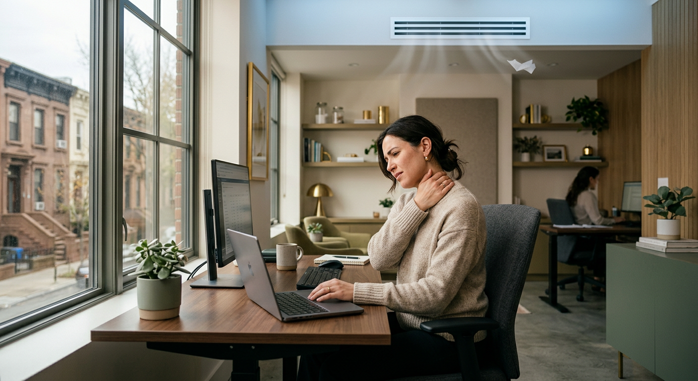 Interior of a modern Brooklyn office with an AC vent blowing cold air. A person touching their neck in stiffness while sitting at a desk, wearing a light sweater. Cool blue-white light mixing with warm window light. Clean professional medical office aesthetic. High quality.

quiet luxury, soft cinematic lighting, warm palette, professional, clean composition. gold and muted warm green color tones.

Do not include: cartoon, clipart, stock photo watermark, neon colors, face distortion, white coat, lab coat, doctor coat.