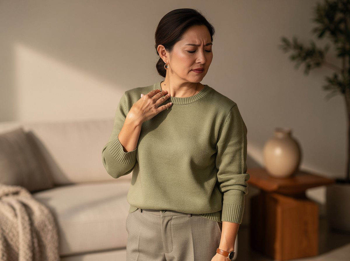Realistic premium photo for a Google Business Profile post, adult woman in a calm modern interior feeling stress-related neck and upper back tension, shoulders slightly elevated, one hand near upper back or neck, natural believable posture, clean soft light, elegant minimal setting, no chiropractor visible, no text, no logo, no collage, no exaggerated pain face, no distorted hands or anatomy

Style: quiet luxury, soft cinematic lighting, warm palette, professional, clean composition. Colors: primary #7F6B2E, secondary #9BA17F. Typography: Bodoni Moda headings, Manrope body.

Avoid: cartoon, clipart, stock photo watermark, neon colors, face distortion, white coat, lab coat, doctor coat