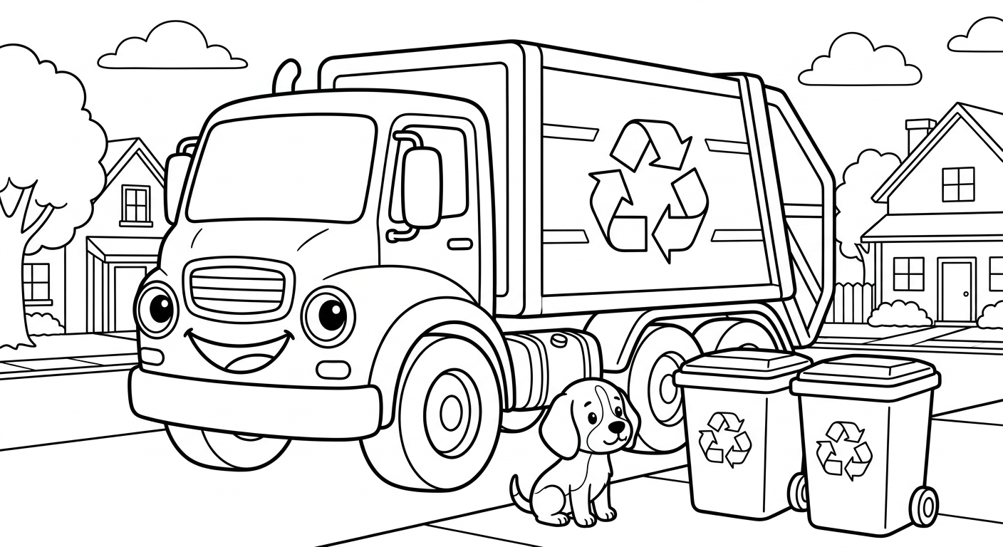 Black and white coloring book page for toddlers. A BIG recycling truck that is clearly much LARGER than the small dog, the truck dominates the scene, with a friendly face from its own parts (round headlights are eyes, grille is the smile). The SAME small chibi beagle Scout from the reference sitting in front, small next to the big truck. Two empty recycling bins drawn as plain white outlines with recycling symbols, bins are blank white inside. Pure black and white line art, every object WHITE inside with black outlines only, NO solid black fills, NO text or letters.
quiet luxury, soft cinematic lighting, warm palette, professional, clean composition. gold and muted warm green color tones.
Do not include: cartoon, clipart, stock photo watermark, neon colors, face distortion, white coat, lab coat, doctor coat.